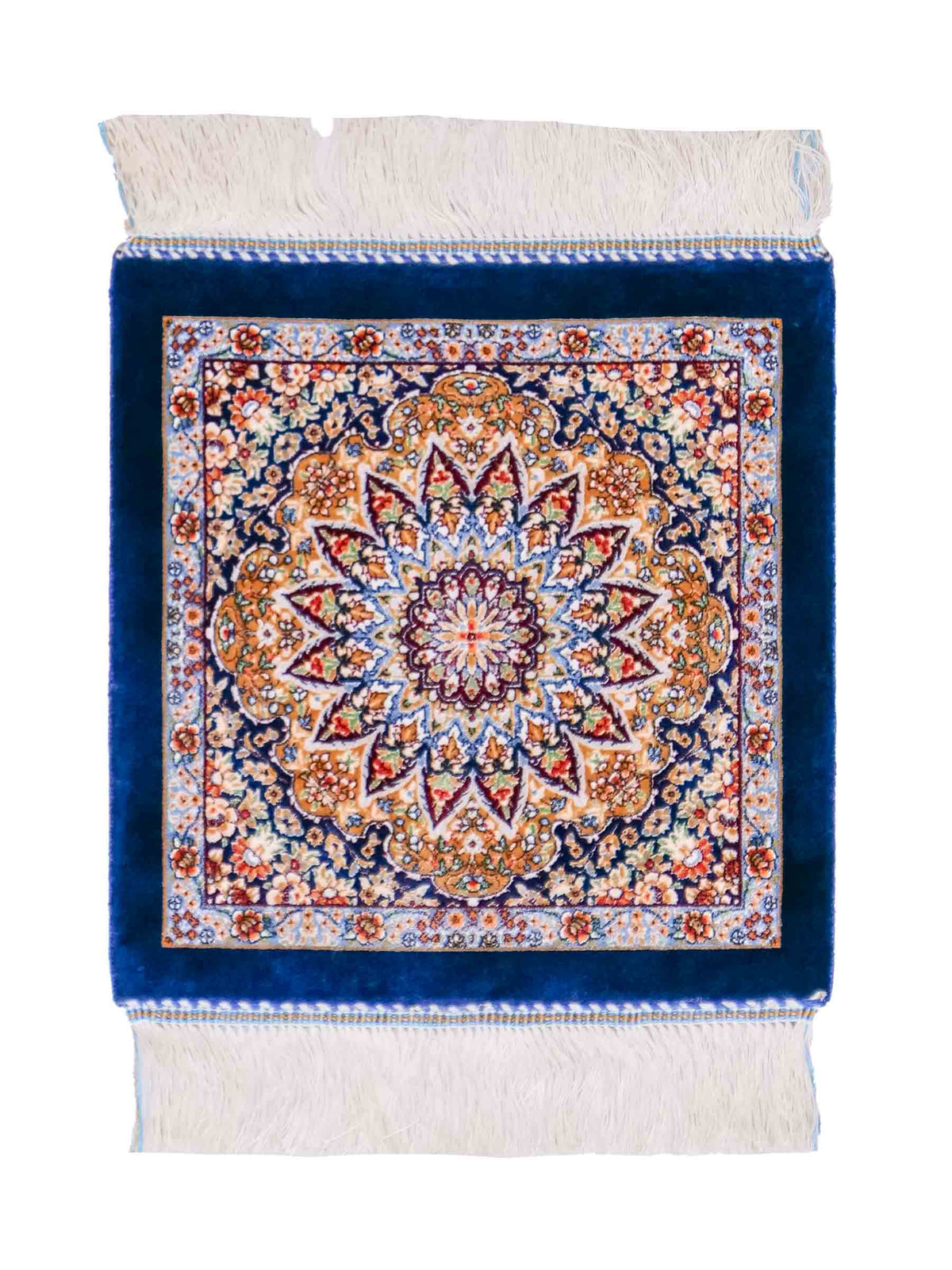 Ghom Maschinenteppich "Zarasp" 40 x 40 cm, mit Medaillon, Marineblau, aus pflanzlicher Seide (Viskose), Hand-Finished. Teppichnummer: V94NY016H. Persian Luxury Collection by Khademi. Made in Iran / Persia – Vertrieb durch JUPITER Intl.
