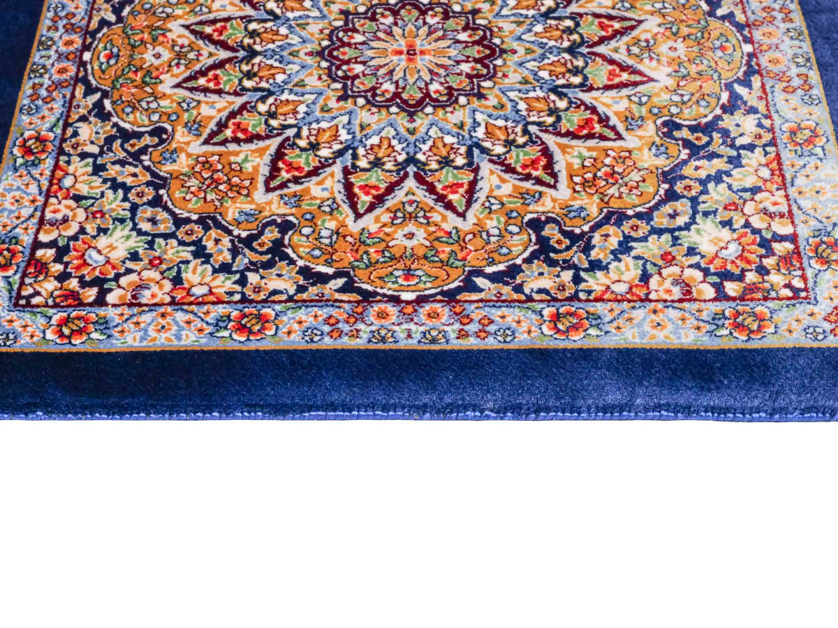 Ghom Maschinenteppich "Zarasp" 40 x 40 cm, mit Medaillon, Marineblau, aus pflanzlicher Seide (Viskose), Hand-Finished. Teppichnummer: V94NY016H. Persian Luxury Collection by Khademi. Made in Iran / Persia – Vertrieb durch JUPITER Intl.