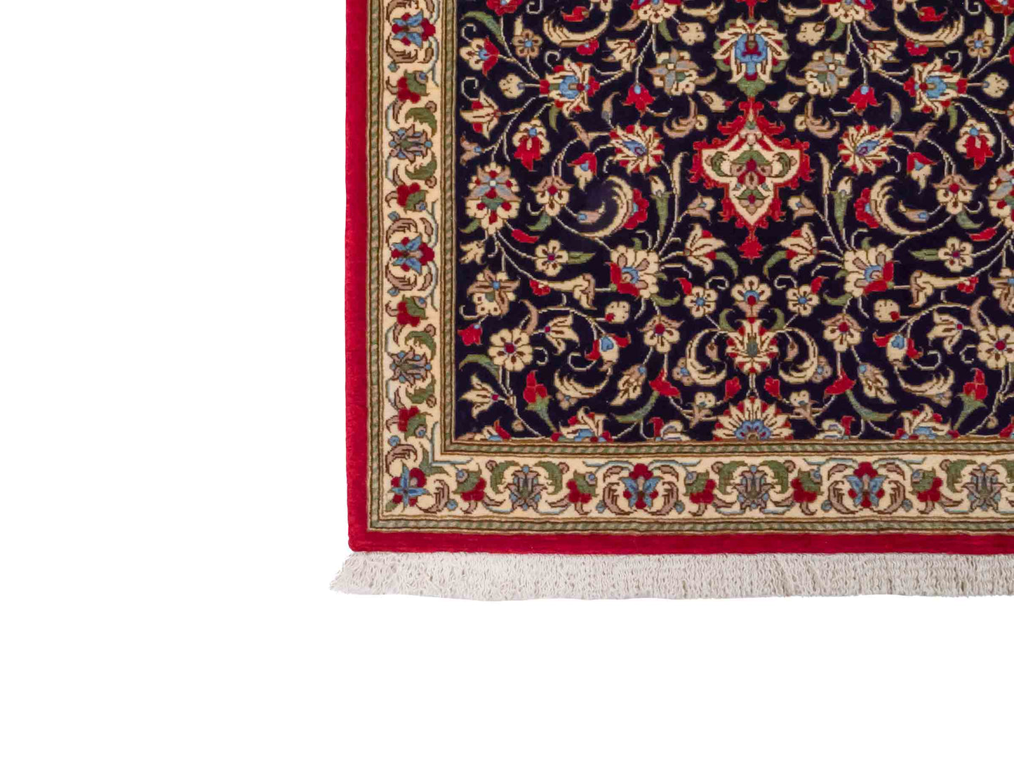 Handgeknüpfter Ghom Perserteppich von Khademi aus Wolle, marineblau, cremeweiß. Persischer Teppich. Orientteppich von Hand geknüpft in Iran. Größe: 135 cm x 71 cm. Teppichnummer: SB3-1034. Verkauf durch Jupiter Intl.
