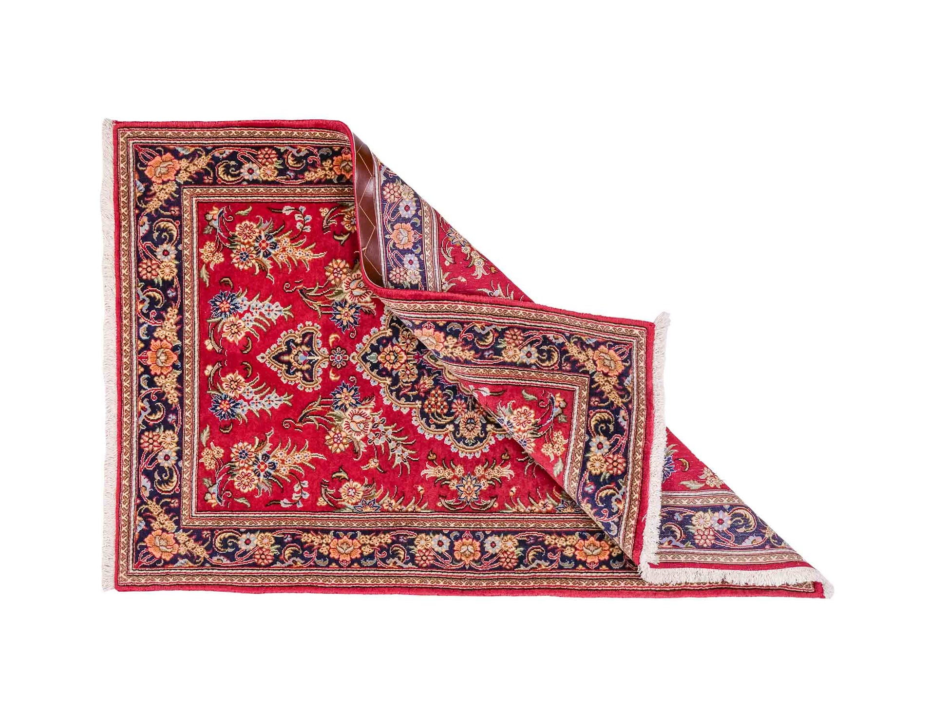 Handgeknüpfter Ghom Perserteppich von Khademi aus Wolle, rot. Persischer Teppich. Orientteppich von Hand geknüpft in Iran. Größe: 146 cm x 98 cm. Teppichnummer: SB3-1037. Verkauf durch Jupiter Intl.