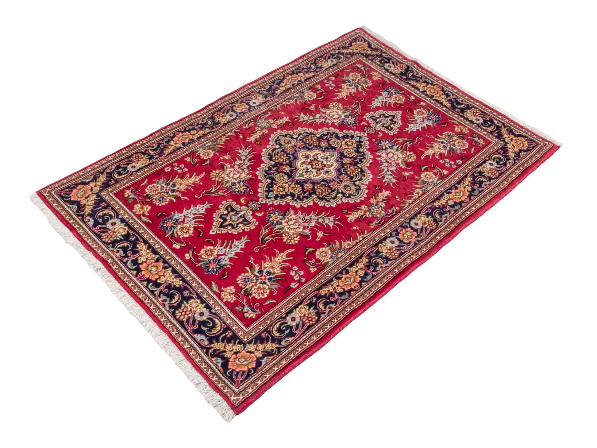 Handgeknüpfter Ghom Perserteppich von Khademi aus Wolle, rot. Persischer Teppich. Orientteppich von Hand geknüpft in Iran. Größe: 146 cm x 98 cm. Teppichnummer: SB3-1037. Verkauf durch Jupiter Intl.