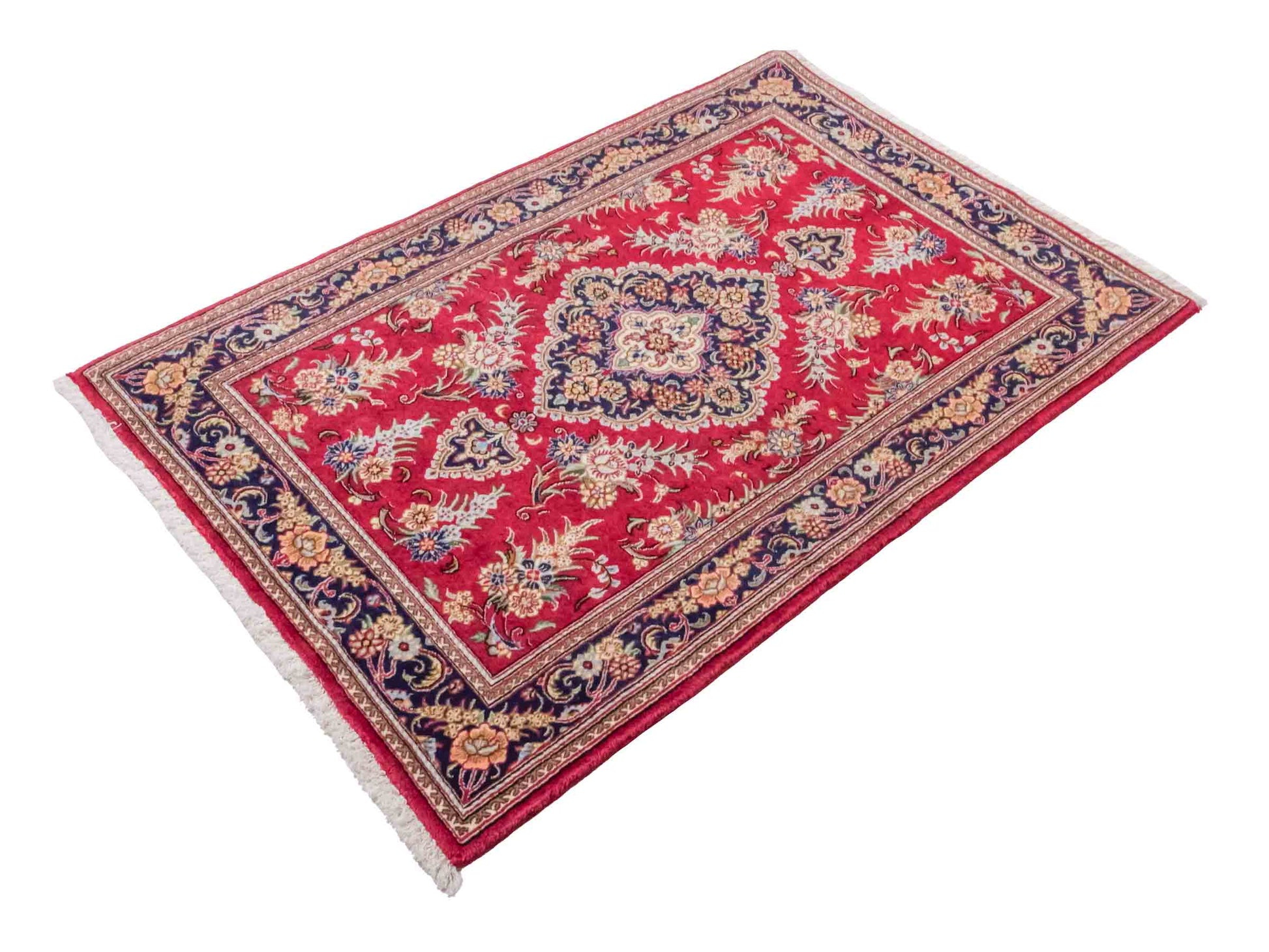 Handgeknüpfter Ghom Perserteppich von Khademi aus Wolle, rot. Persischer Teppich. Orientteppich von Hand geknüpft in Iran. Größe: 146 cm x 98 cm. Teppichnummer: SB3-1037. Verkauf durch Jupiter Intl.