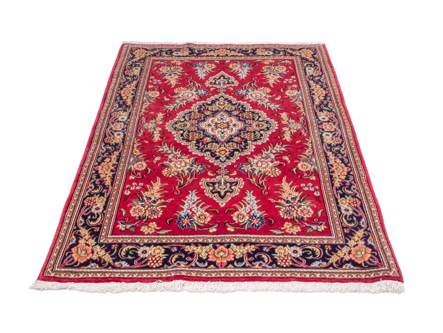 Handgeknüpfter Ghom Perserteppich von Khademi aus Wolle, rot. Persischer Teppich. Orientteppich von Hand geknüpft in Iran. Größe: 146 cm x 98 cm. Teppichnummer: SB3-1037. Verkauf durch Jupiter Intl.