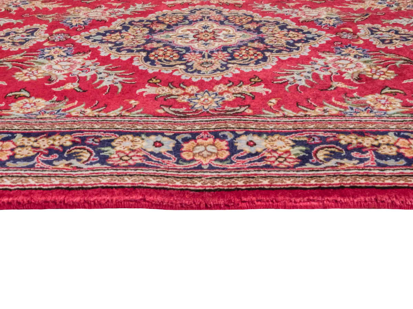 Handgeknüpfter Ghom Perserteppich von Khademi aus Wolle, rot. Persischer Teppich. Orientteppich von Hand geknüpft in Iran. Größe: 146 cm x 98 cm. Teppichnummer: SB3-1037. Verkauf durch Jupiter Intl.