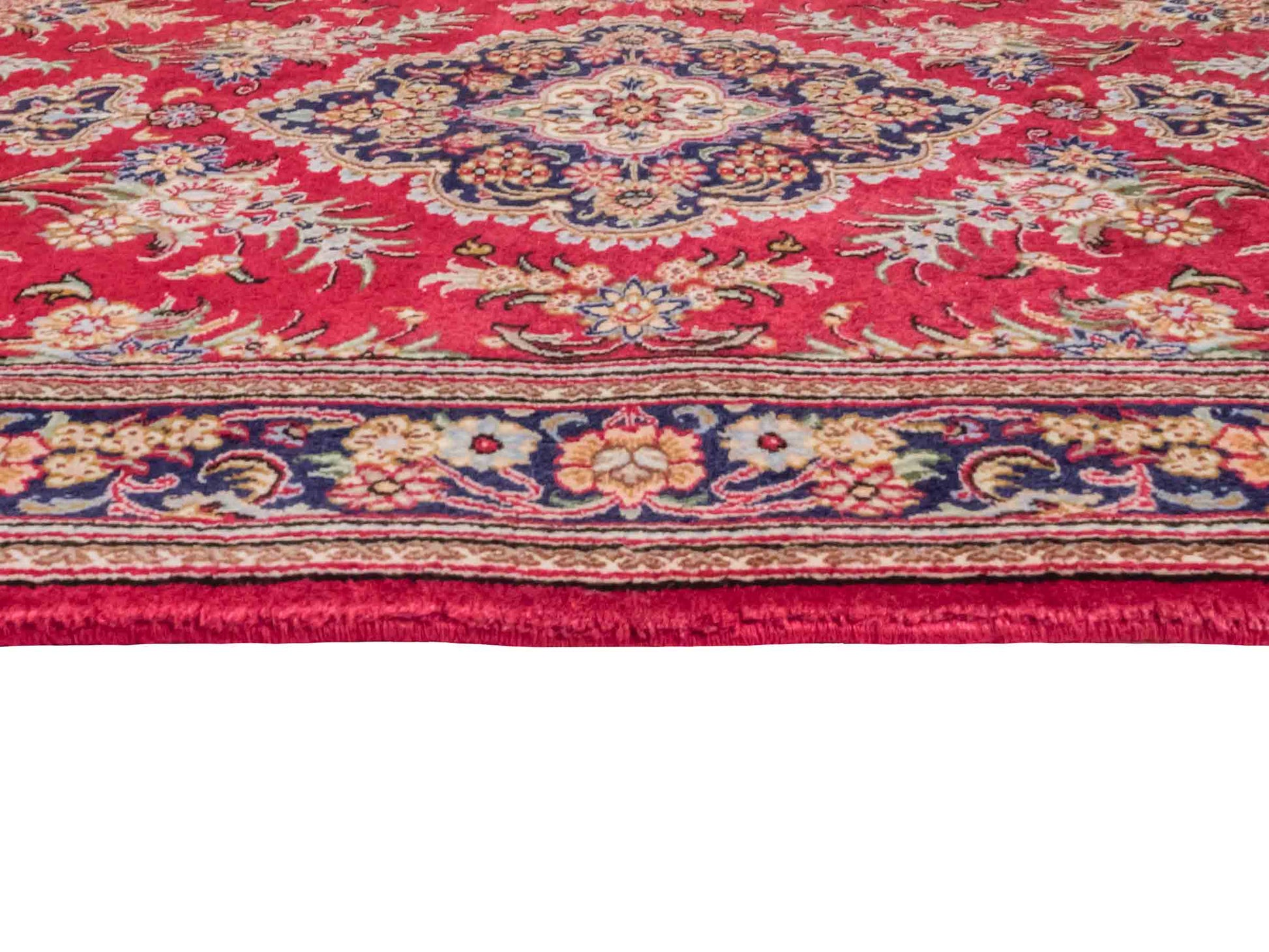 Handgeknüpfter Ghom Perserteppich von Khademi aus Wolle, rot. Persischer Teppich. Orientteppich von Hand geknüpft in Iran. Größe: 146 cm x 98 cm. Teppichnummer: SB3-1037. Verkauf durch Jupiter Intl.