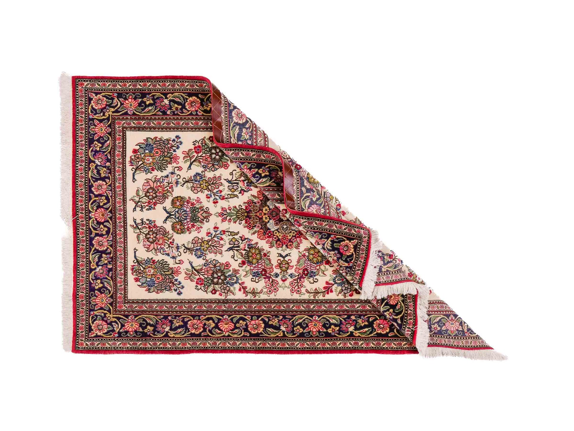 Handgeknüpfter Ghom Perserteppich von Khademi aus Wolle, cremeweiß, bunt. Persischer Teppich. Orientteppich von Hand geknüpft in Iran. Größe: 157 cm x 103 cm. Teppichnummer: SB3-1038. Verkauf durch Jupiter Intl.