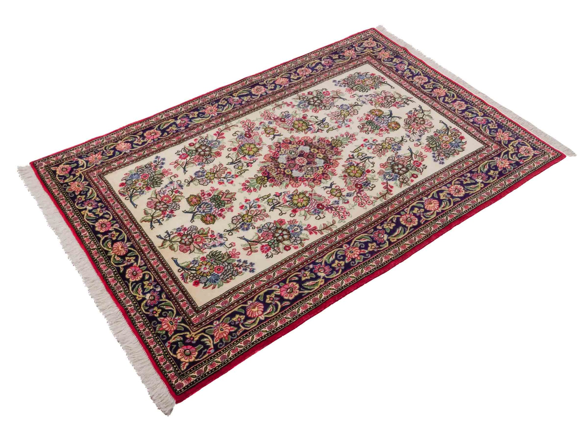 Handgeknüpfter Ghom Perserteppich von Khademi aus Wolle, cremeweiß, bunt. Persischer Teppich. Orientteppich von Hand geknüpft in Iran. Größe: 157 cm x 103 cm. Teppichnummer: SB3-1038. Verkauf durch Jupiter Intl.