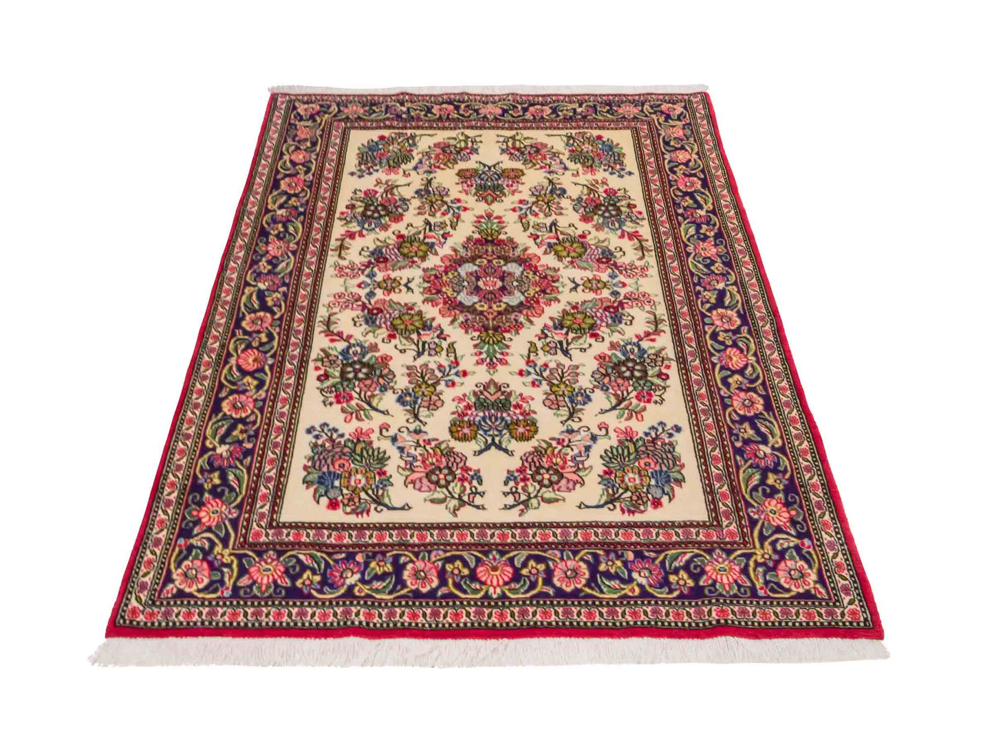 Handgeknüpfter Ghom Perserteppich von Khademi aus Wolle, cremeweiß, bunt. Persischer Teppich. Orientteppich von Hand geknüpft in Iran. Größe: 157 cm x 103 cm. Teppichnummer: SB3-1038. Verkauf durch Jupiter Intl.