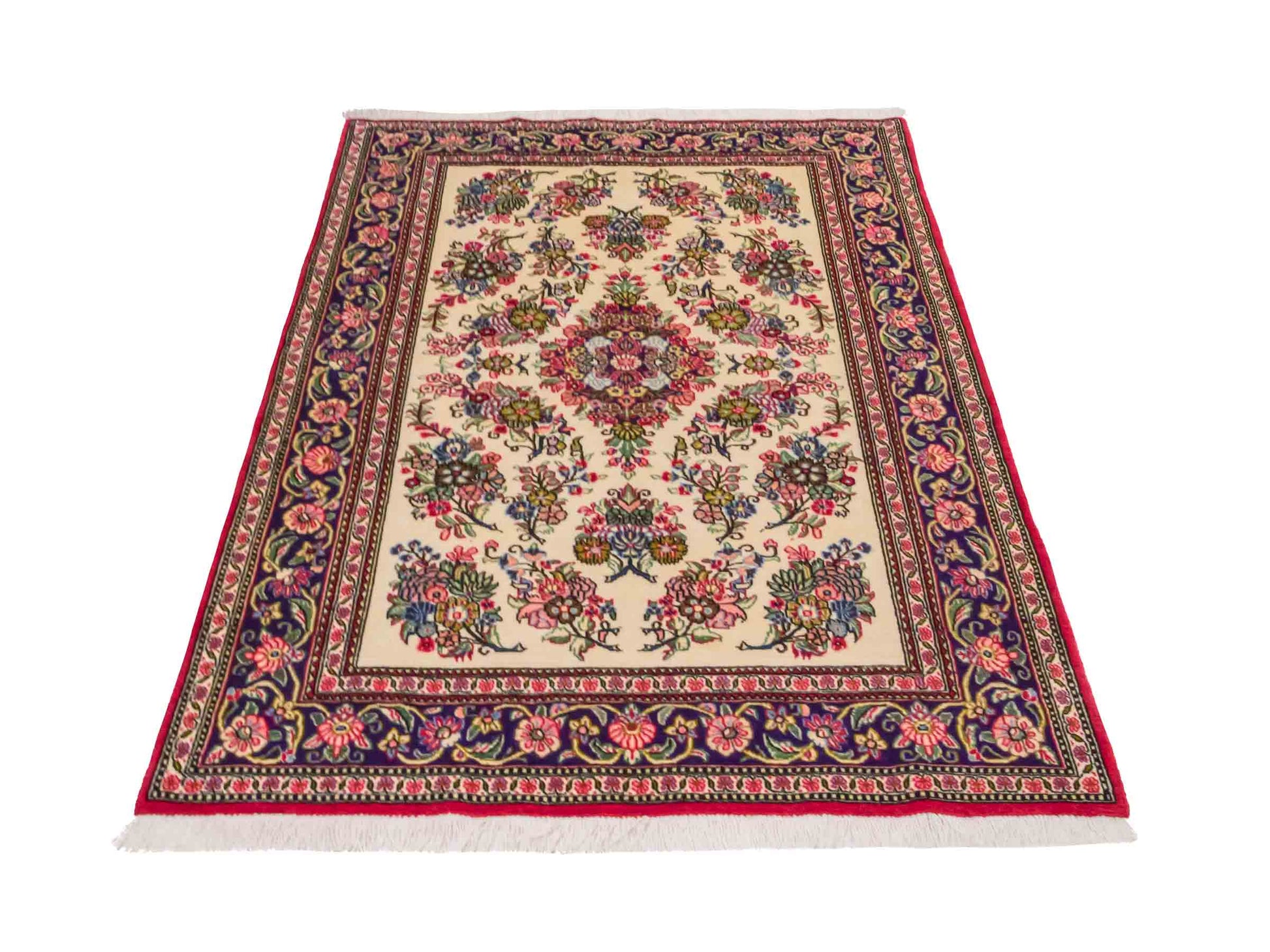 Handgeknüpfter Ghom Perserteppich von Khademi aus Wolle, cremeweiß, bunt. Persischer Teppich. Orientteppich von Hand geknüpft in Iran. Größe: 157 cm x 103 cm. Teppichnummer: SB3-1038. Verkauf durch Jupiter Intl.