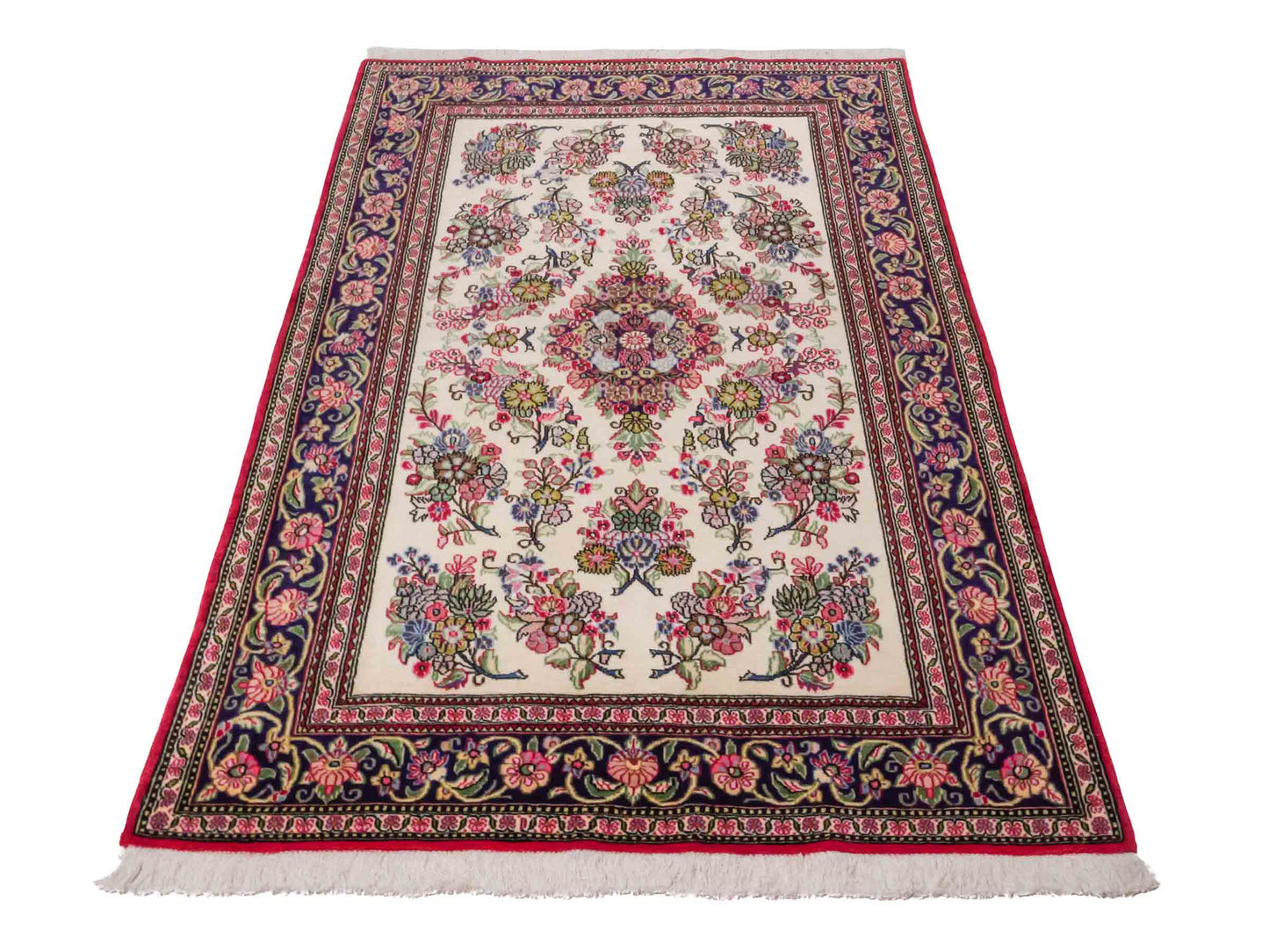 Handgeknüpfter Ghom Perserteppich von Khademi aus Wolle, cremeweiß, bunt. Persischer Teppich. Orientteppich von Hand geknüpft in Iran. Größe: 157 cm x 103 cm. Teppichnummer: SB3-1038. Verkauf durch Jupiter Intl.