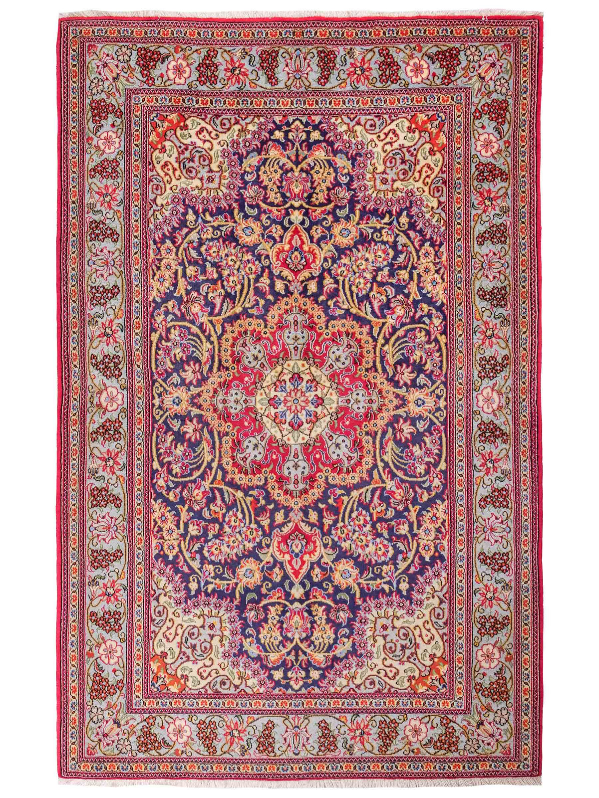 Handgeknüpfter Ghom Perserteppich von Khademi aus Wolle, blau, rot. Persischer Teppich. Orientteppich von Hand geknüpft in Iran. Größe: 219 cm x 140 cm. Teppichnummer: SB3-1128. Verkauf durch Jupiter Intl.