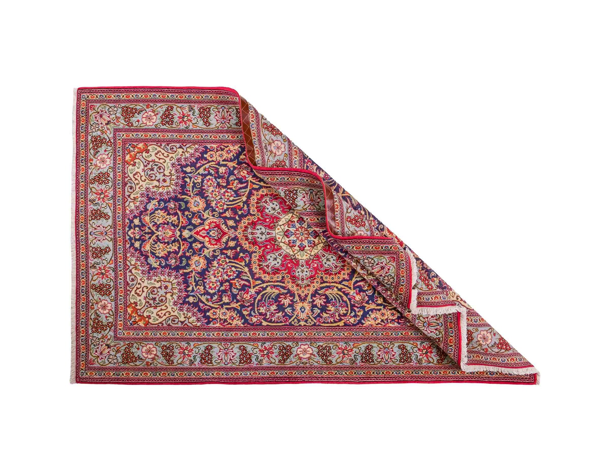 Handgeknüpfter Ghom Perserteppich von Khademi aus Wolle, blau, rot. Persischer Teppich. Orientteppich von Hand geknüpft in Iran. Größe: 219 cm x 140 cm. Teppichnummer: SB3-1128. Verkauf durch Jupiter Intl.
