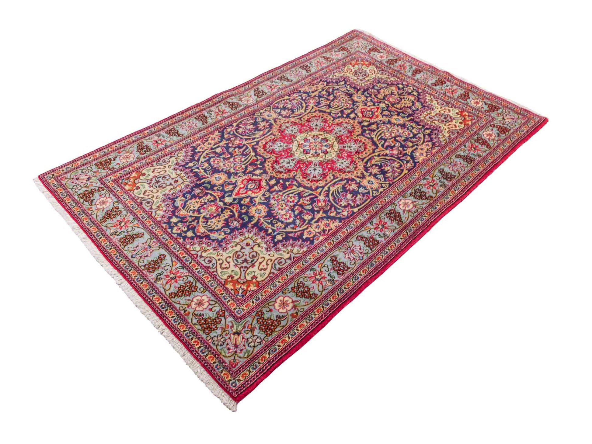 Handgeknüpfter Ghom Perserteppich von Khademi aus Wolle, blau, rot. Persischer Teppich. Orientteppich von Hand geknüpft in Iran. Größe: 219 cm x 140 cm. Teppichnummer: SB3-1128. Verkauf durch Jupiter Intl.