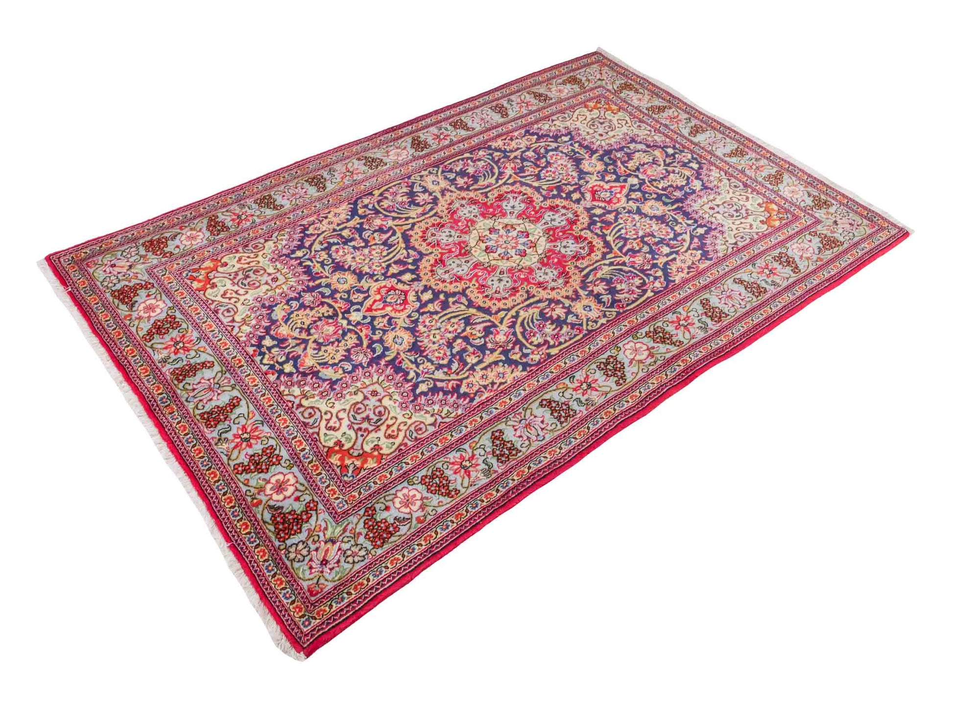 Handgeknüpfter Ghom Perserteppich von Khademi aus Wolle, blau, rot. Persischer Teppich. Orientteppich von Hand geknüpft in Iran. Größe: 219 cm x 140 cm. Teppichnummer: SB3-1128. Verkauf durch Jupiter Intl.