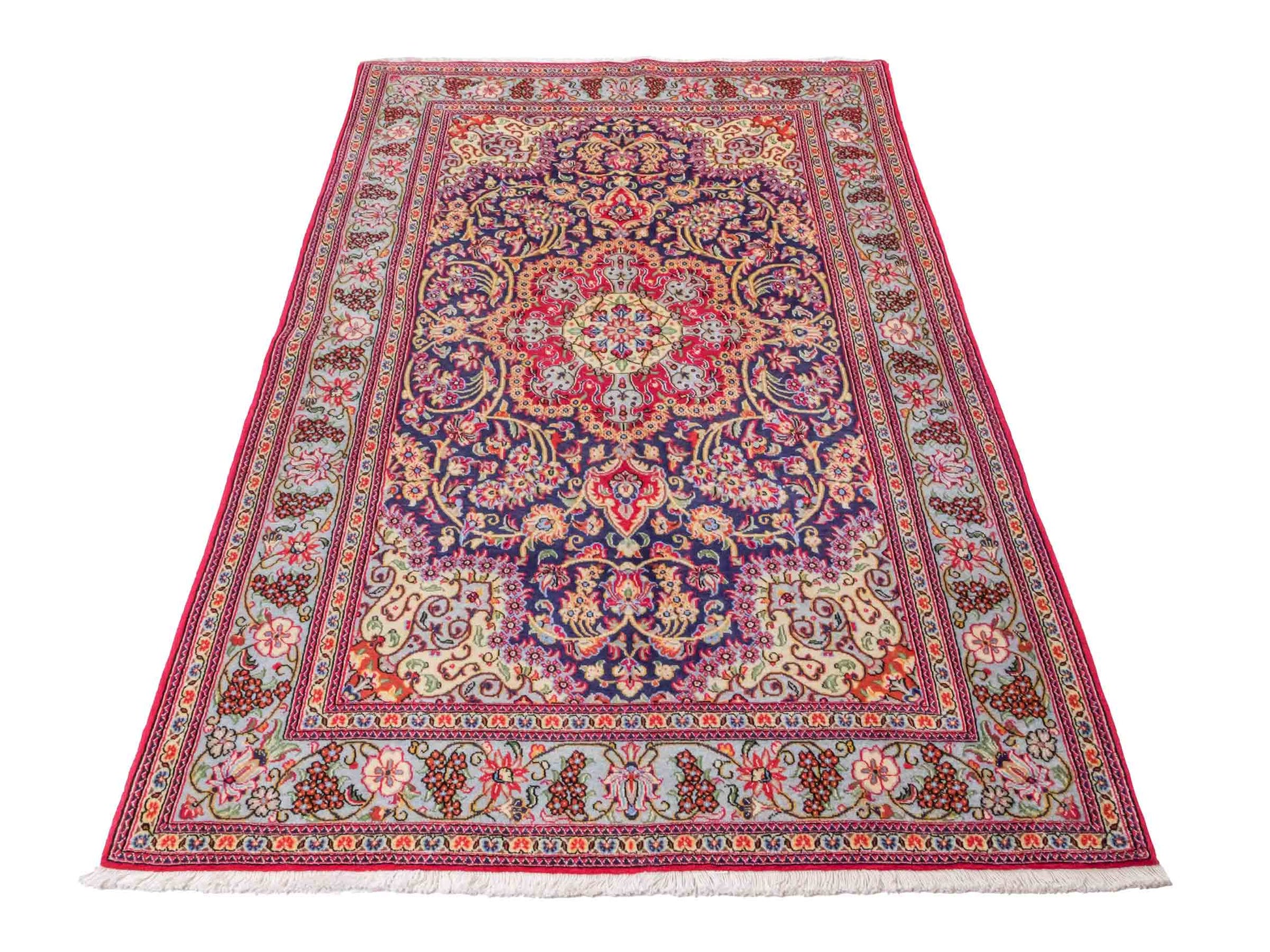 Handgeknüpfter Ghom Perserteppich von Khademi aus Wolle, blau, rot. Persischer Teppich. Orientteppich von Hand geknüpft in Iran. Größe: 219 cm x 140 cm. Teppichnummer: SB3-1128. Verkauf durch Jupiter Intl.