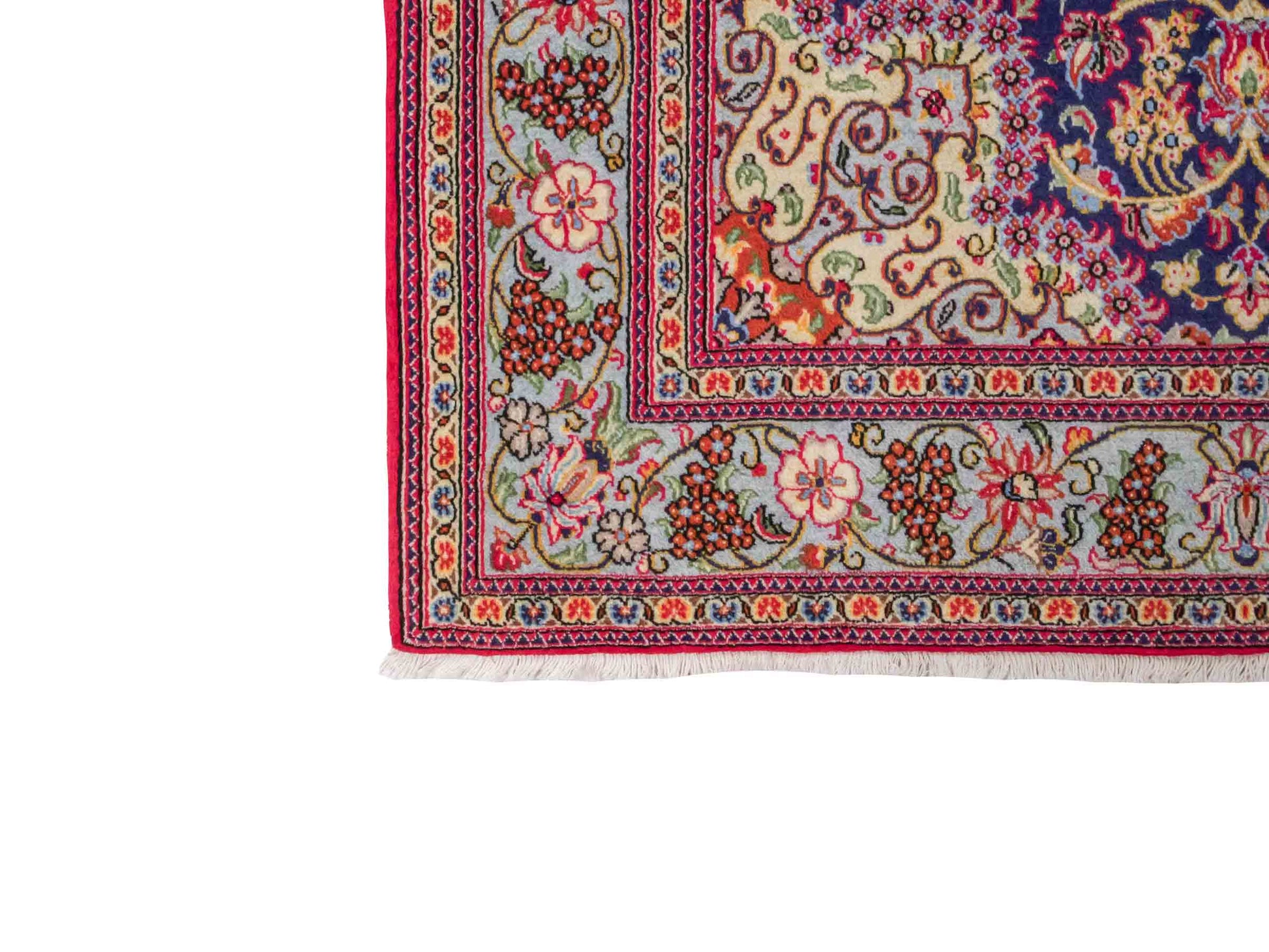 Handgeknüpfter Ghom Perserteppich von Khademi aus Wolle, blau, rot. Persischer Teppich. Orientteppich von Hand geknüpft in Iran. Größe: 219 cm x 140 cm. Teppichnummer: SB3-1128. Verkauf durch Jupiter Intl.