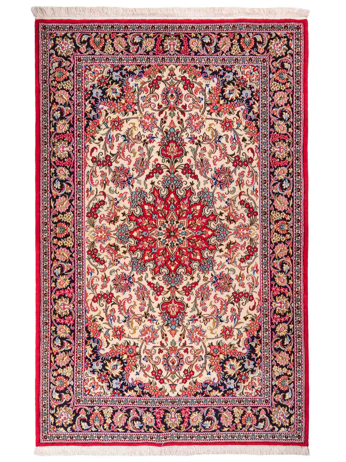 Handgeknüpfter Ghom Perserteppich von Khademi aus Wolle, cremeweiß, rot. Persischer Teppich. Orientteppich von Hand geknüpft in Iran. Größe: 219 cm x 140 cm. Teppichnummer: SB3-1127. Verkauf durch Jupiter Intl.