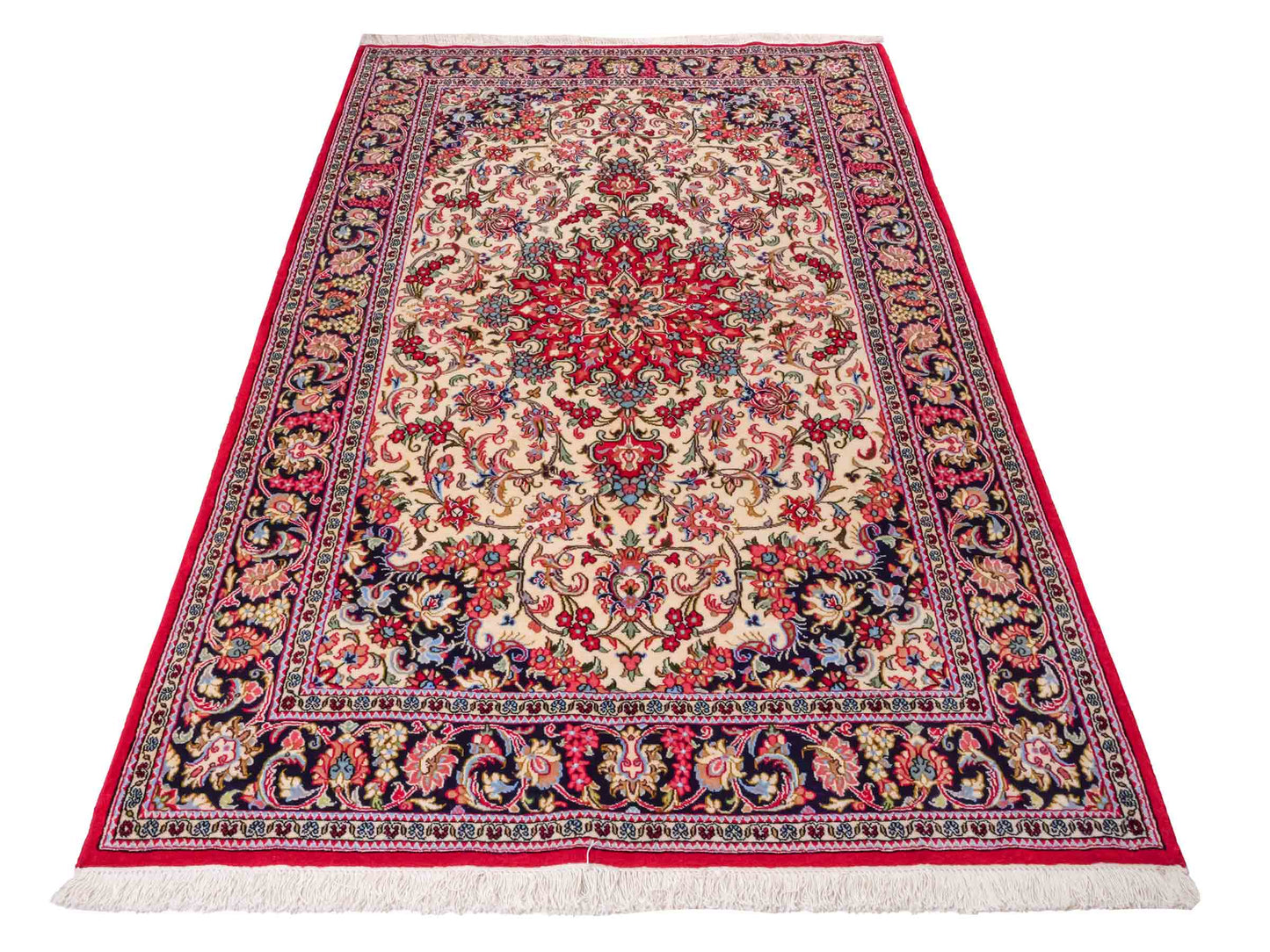 Handgeknüpfter Ghom Perserteppich von Khademi aus Wolle, cremeweiß, rot. Persischer Teppich. Orientteppich von Hand geknüpft in Iran. Größe: 219 cm x 140 cm. Teppichnummer: SB3-1127. Verkauf durch Jupiter Intl.