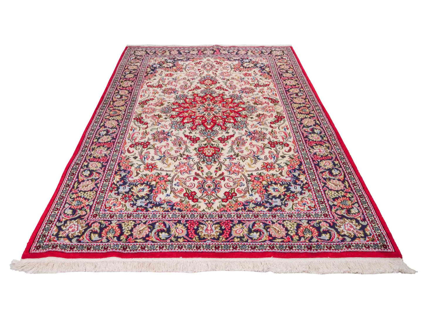 Handgeknüpfter Ghom Perserteppich von Khademi aus Wolle, cremeweiß, rot. Persischer Teppich. Orientteppich von Hand geknüpft in Iran. Größe: 219 cm x 140 cm. Teppichnummer: SB3-1127. Verkauf durch Jupiter Intl.