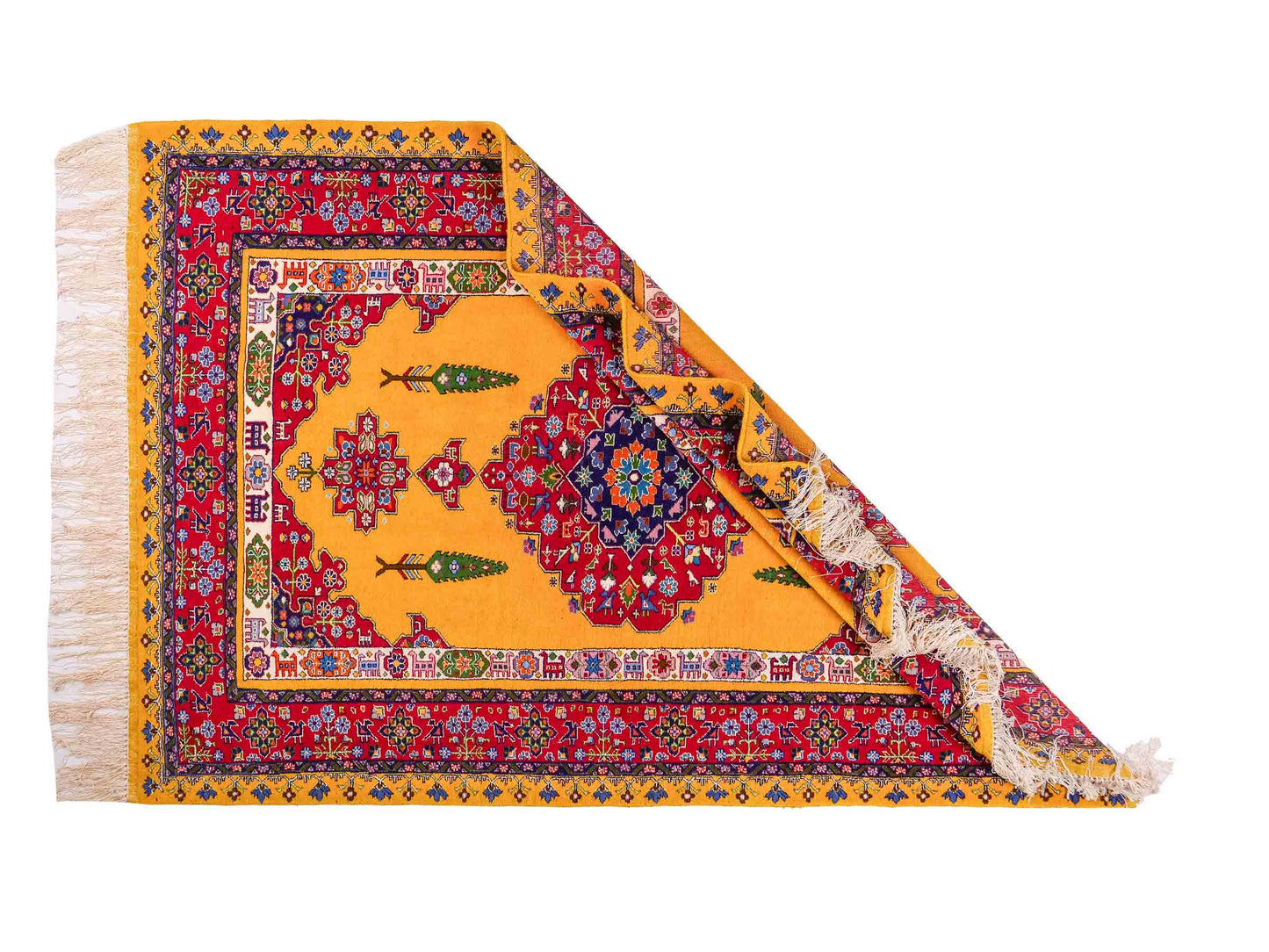 Handgeknüpfter Ghutschan Dorfteppich von Khademi aus Wolle, gelb-rot. Feiner Orientteppich mit geometrischem Spiegel-Medaillon von Hand geknüpft in Iran. Größe: 212 cm x 142 cm. Teppichnummer: SB3-1142 | Jupiter Intl.