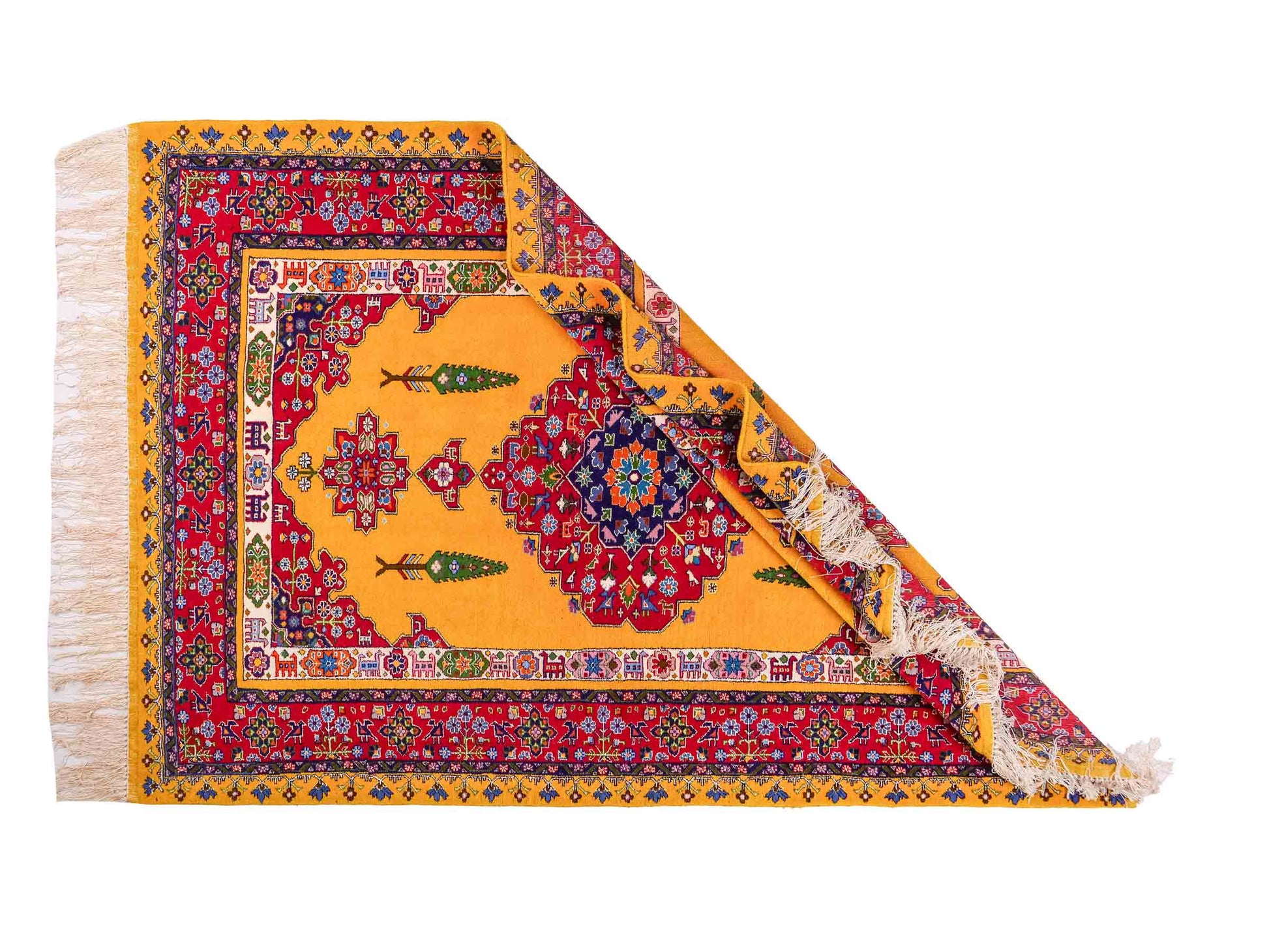 Handgeknüpfter Ghutschan Dorfteppich von Khademi aus Wolle, gelb-rot. Feiner Orientteppich mit geometrischem Spiegel-Medaillon von Hand geknüpft in Iran. Größe: 212 cm x 142 cm. Teppichnummer: SB3-1142 | Jupiter Intl.