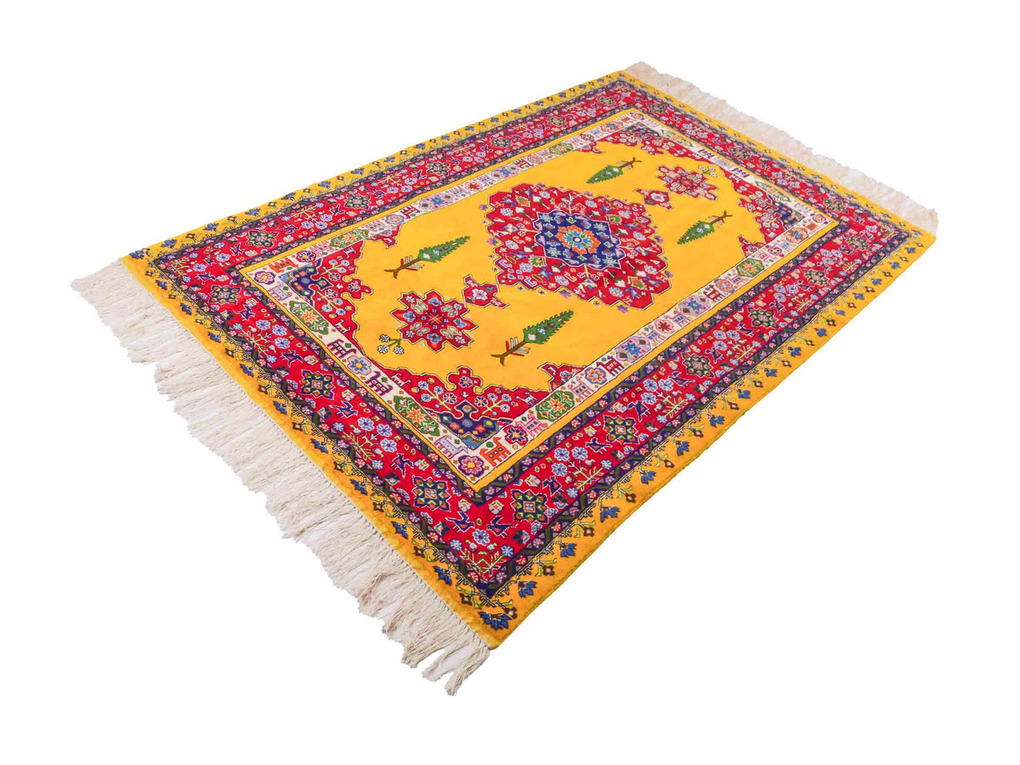 Handgeknüpfter Ghutschan Dorfteppich von Khademi aus Wolle, gelb-rot. Feiner Orientteppich mit geometrischem Spiegel-Medaillon von Hand geknüpft in Iran. Größe: 212 cm x 142 cm. Teppichnummer: SB3-1142 | Jupiter Intl.