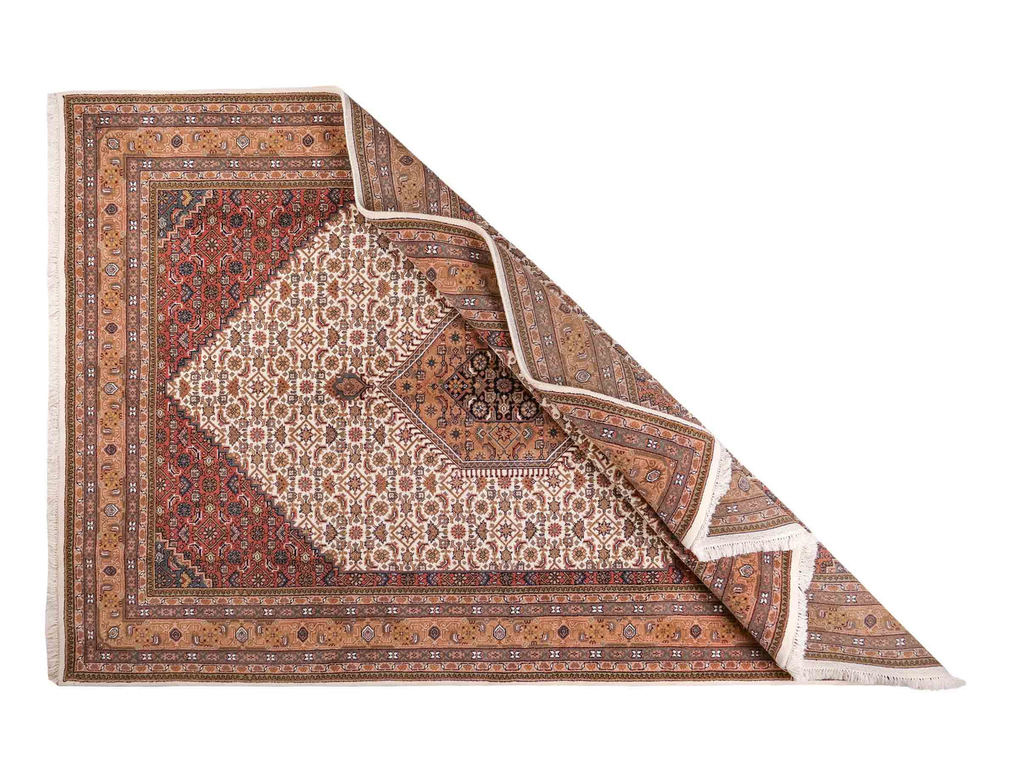 Handgeknüpfter Indo Bidjar Orientteppich von Khademi aus Wolle, beige, cremeweiß. Klassisches Medaillon. Traditionell von Hand geknüpft in Indien. Größe: 298 cm x 200 cm. Teppichnummer: SB3-1177 | Jupiter Intl.