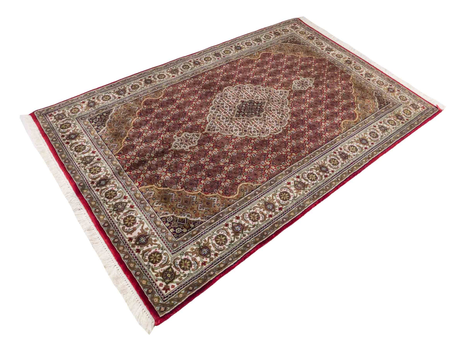 Handgeknüpfter Indo Täbriz Mahi Orientteppich von Khademi aus Wolle, rot, beige. Klassisches Medaillon. Traditionell von Hand geknüpft in Indien. Größe: 186 cm x 120 cm. Teppichnummer: SB3-1121 | Jupiter Intl.