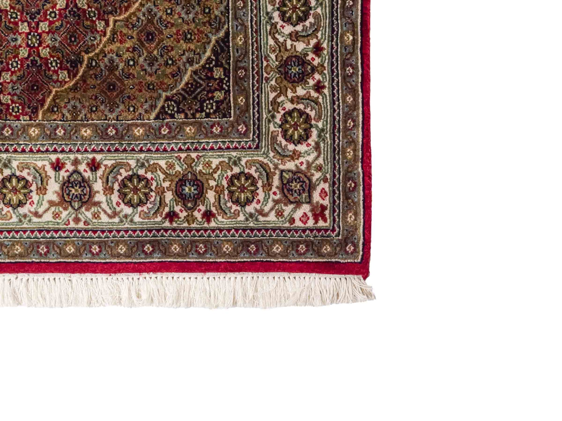 Handgeknüpfter Indo Täbriz Mahi Orientteppich von Khademi aus Wolle, rot, beige. Klassisches Medaillon. Traditionell von Hand geknüpft in Indien. Größe: 186 cm x 120 cm. Teppichnummer: SB3-1121 | Jupiter Intl.
