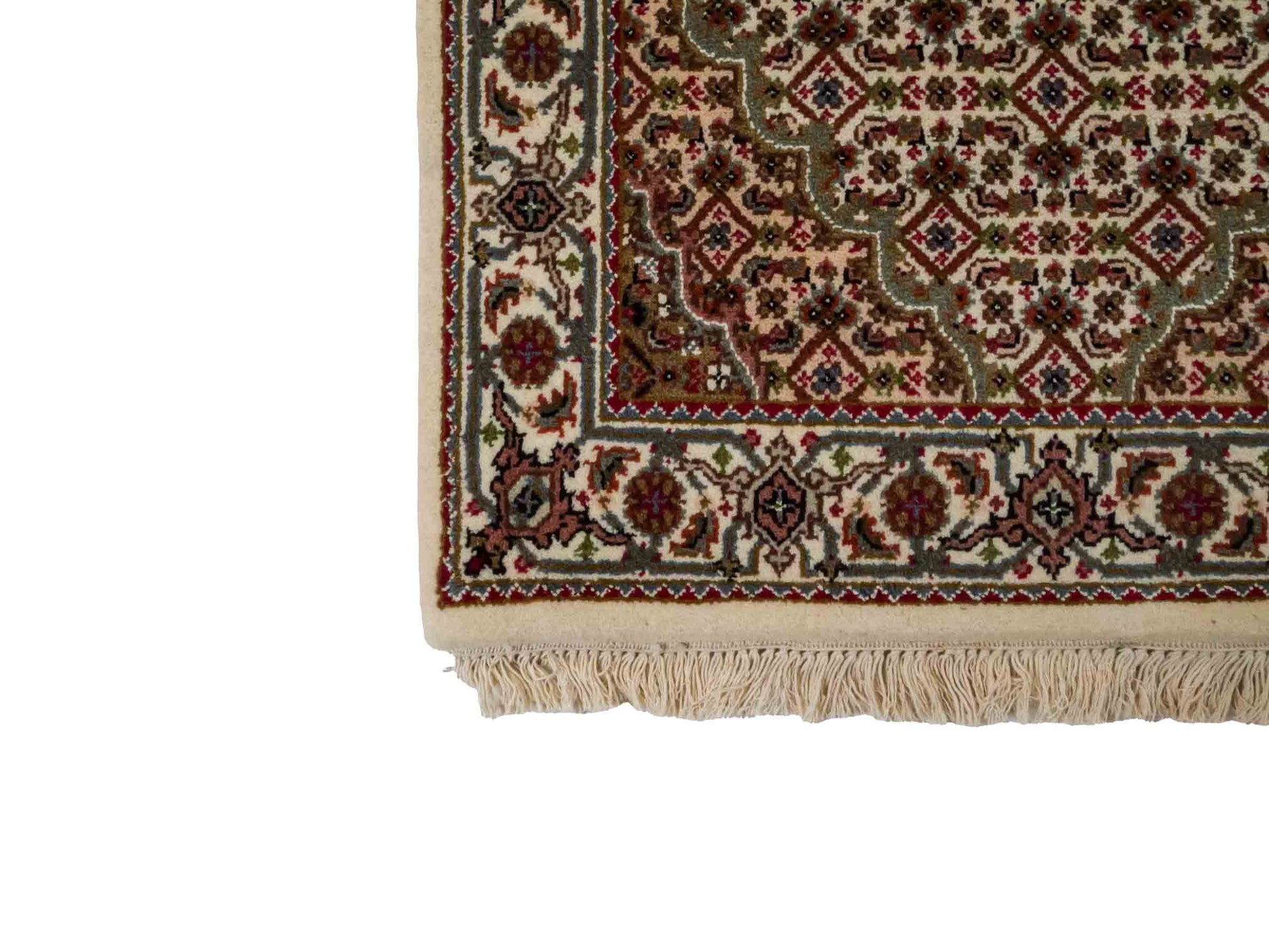 Handgeknüpfter Indo Täbriz Mahi  Läufer-Orientteppich von Khademi aus Wolle, creme, beige. Klassisches Medaillon-Design. Von Hand geknüpft in Indien. Größe: 405 cm x 80 cm. Teppichnummer: RB3-1061. Verkauf durch Jupiter Intl.