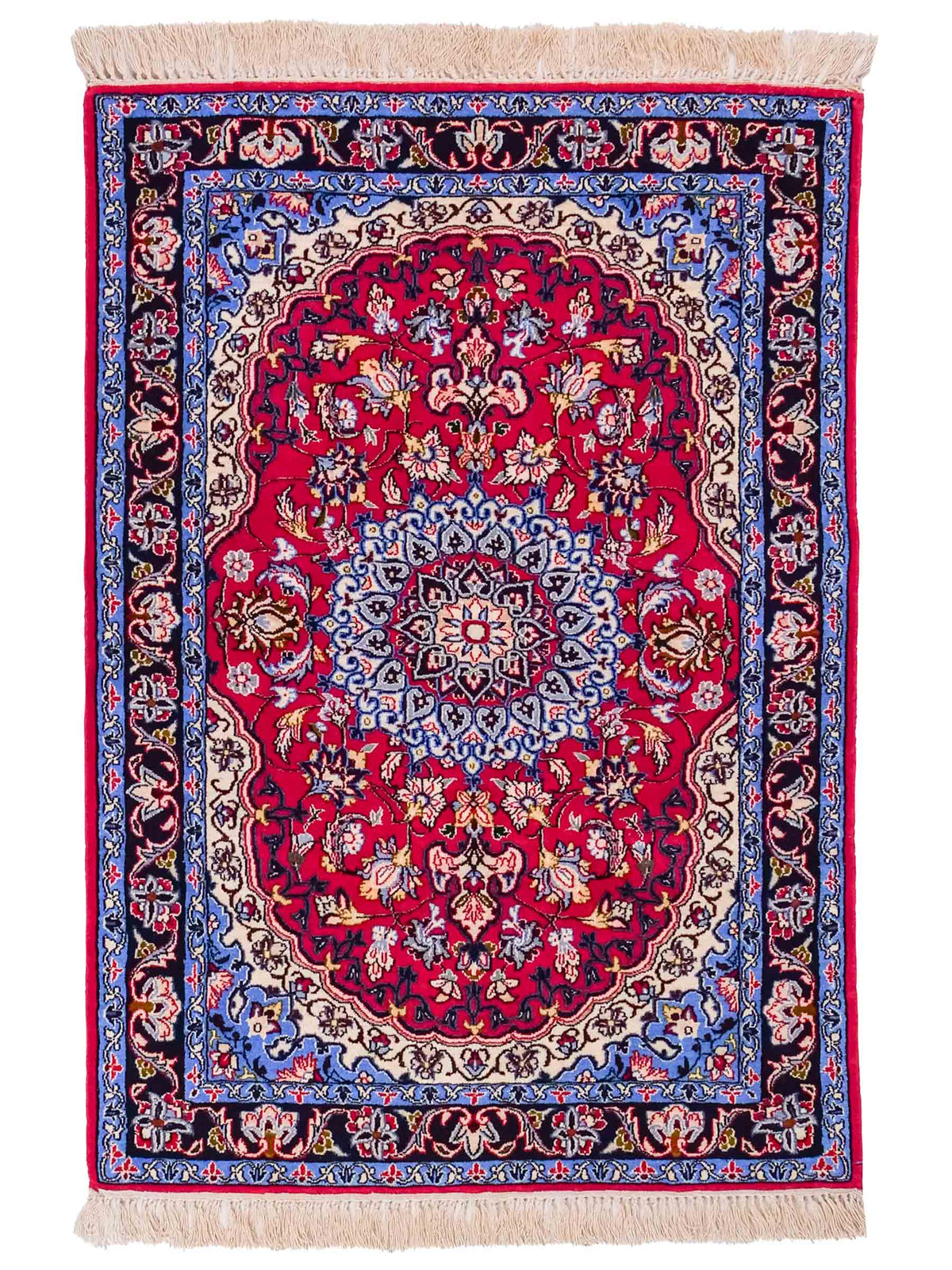 Handgeknüpfter Isfahan Perserteppich von Khademi aus Wolle mit Seide, rot-blau. Feiner, persischer Teppich mit Medaillon. Orientteppich, geknüpft in Iran. Größe: 102 x 72 cm. Teppichnummer: SB3-1097 | Jupiter Intl