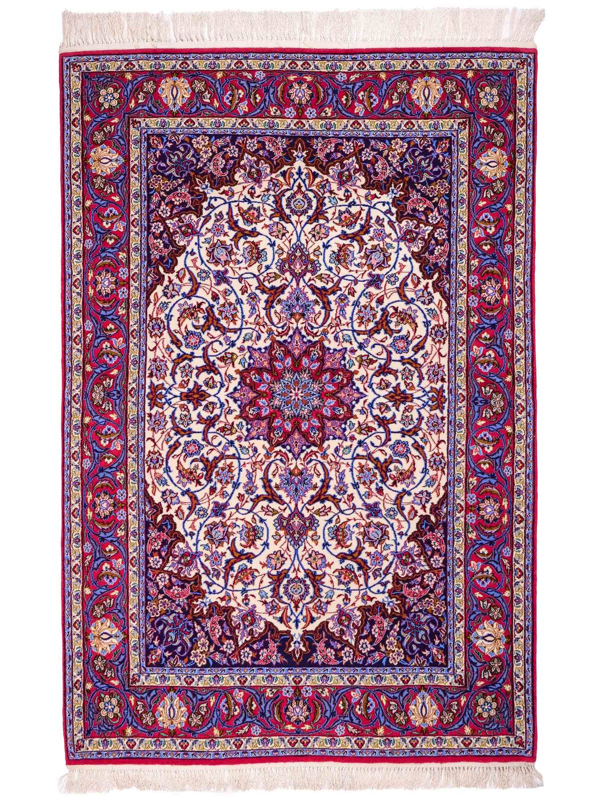 Handgeknüpfter Isfahan Perserteppich von Khademi aus Wolle mit Seide, rot-weiß. Feiner, persischer Teppich mit Medaillon. Orientteppich, geknüpft in Iran. Größe: 166 x 104 cm. Teppichnummer: SB3-1067 | Jupiter In