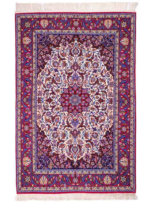 Handgeknüpfter Isfahan Perserteppich von Khademi aus Wolle mit Seide, rot-weiß. Feiner, persischer Teppich mit Medaillon. Orientteppich, geknüpft in Iran. Größe: 166 x 104 cm. Teppichnummer: SB3-1067 | Jupiter In