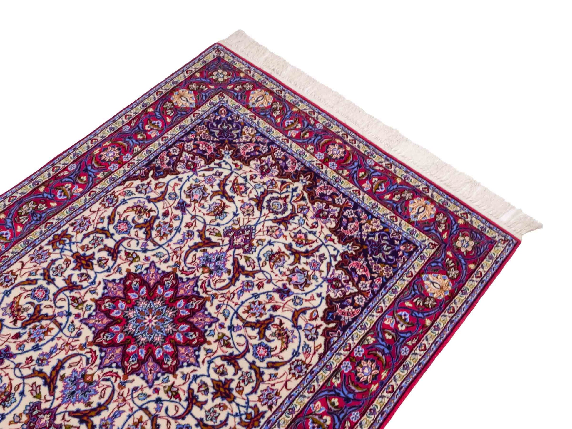 Handgeknüpfter Isfahan Perserteppich von Khademi aus Wolle mit Seide, rot-weiß. Feiner, persischer Teppich mit Medaillon. Orientteppich, geknüpft in Iran. Größe: 166 x 104 cm. Teppichnummer: SB3-1067 | Jupiter In
