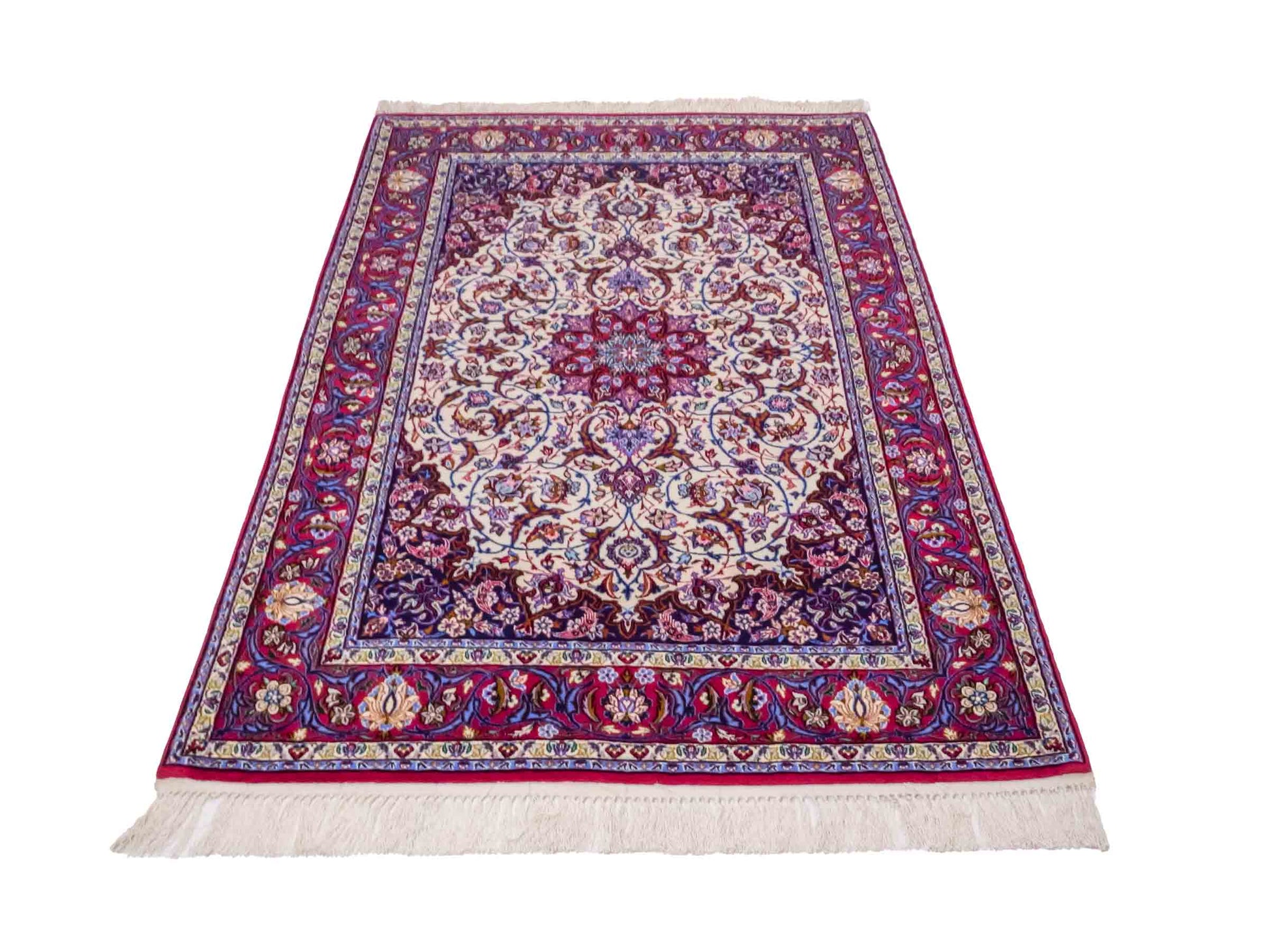Handgeknüpfter Isfahan Perserteppich von Khademi aus Wolle mit Seide, rot-weiß. Feiner, persischer Teppich mit Medaillon. Orientteppich, geknüpft in Iran. Größe: 166 x 104 cm. Teppichnummer: SB3-1067 | Jupiter In