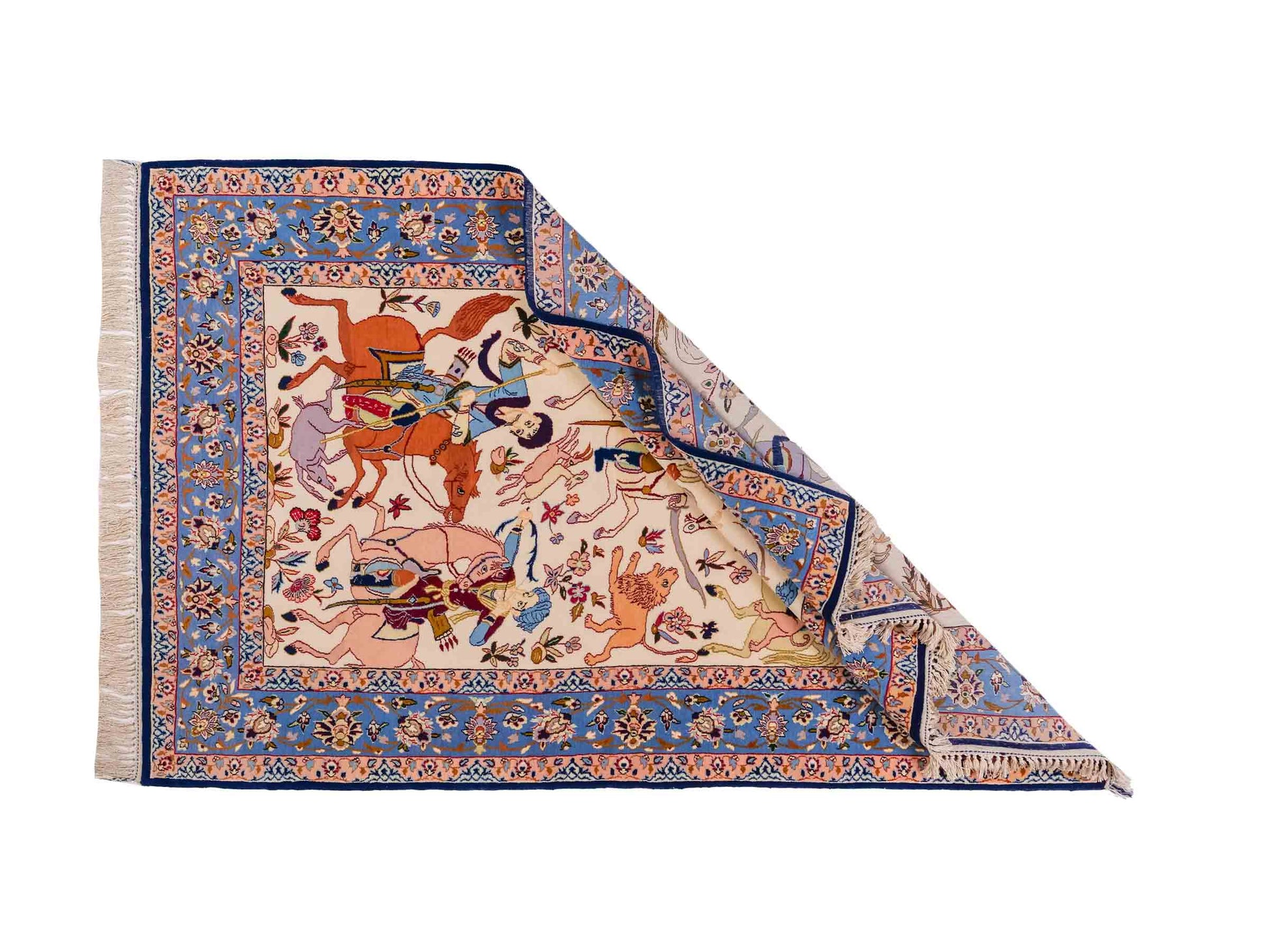 Handgeknüpfter Isfahan Perserteppich von Khademi aus Wolle mit Seide, blau-cremeweiß. Feiner, persischer Teppich mit Jagdmotiv. Orientteppich, geknüpft in Iran. Größe: 166 x 105 cm. Teppichnummer: SB3-1091 | Jupiter Intl