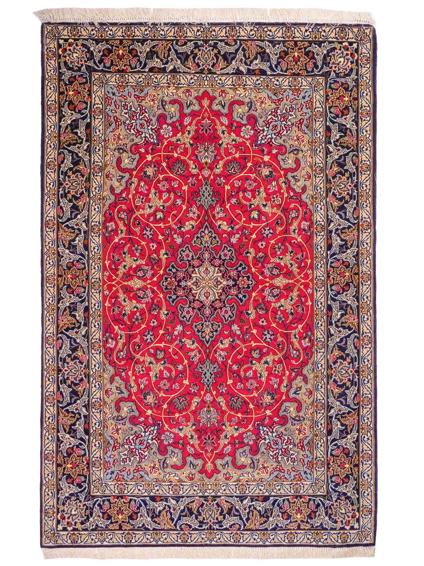 Handgeknüpfter Isfahan Perserteppich von Khademi aus Wolle mit Seide, rot, navy. Feiner, persischer Teppich mit Medaillon. Orientteppich, von Hand geknüpft in Iran. Größe: 171 x 107 cm. Teppichnummer: DB3-1050. Verkauf durch Jupiter Intl.