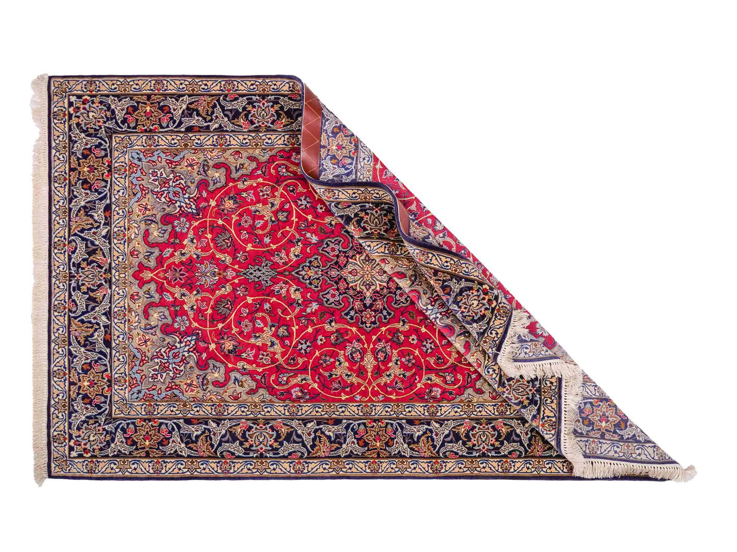 Handgeknüpfter Isfahan Perserteppich von Khademi aus Wolle mit Seide, rot, navy. Feiner, persischer Teppich mit Medaillon. Orientteppich, von Hand geknüpft in Iran. Größe: 171 x 107 cm. Teppichnummer: DB3-1050. Verkauf durch Jupiter Intl.