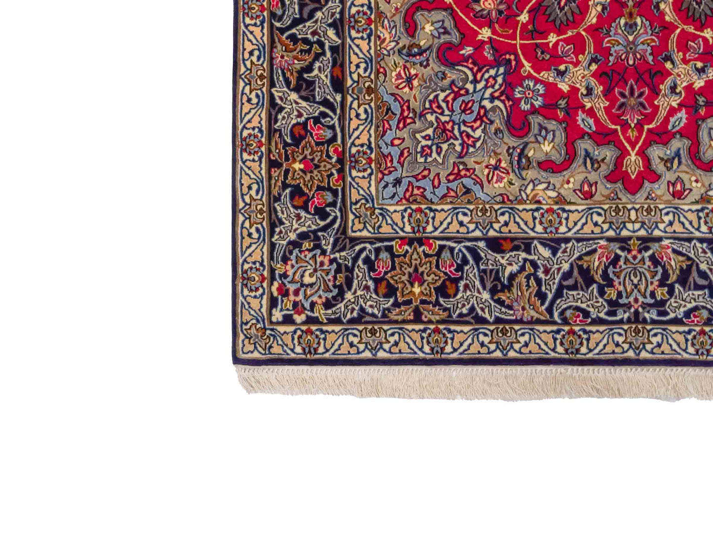 Handgeknüpfter Isfahan Perserteppich von Khademi aus Wolle mit Seide, rot, navy. Feiner, persischer Teppich mit Medaillon. Orientteppich, von Hand geknüpft in Iran. Größe: 171 x 107 cm. Teppichnummer: DB3-1050. Verkauf durch Jupiter Intl.
