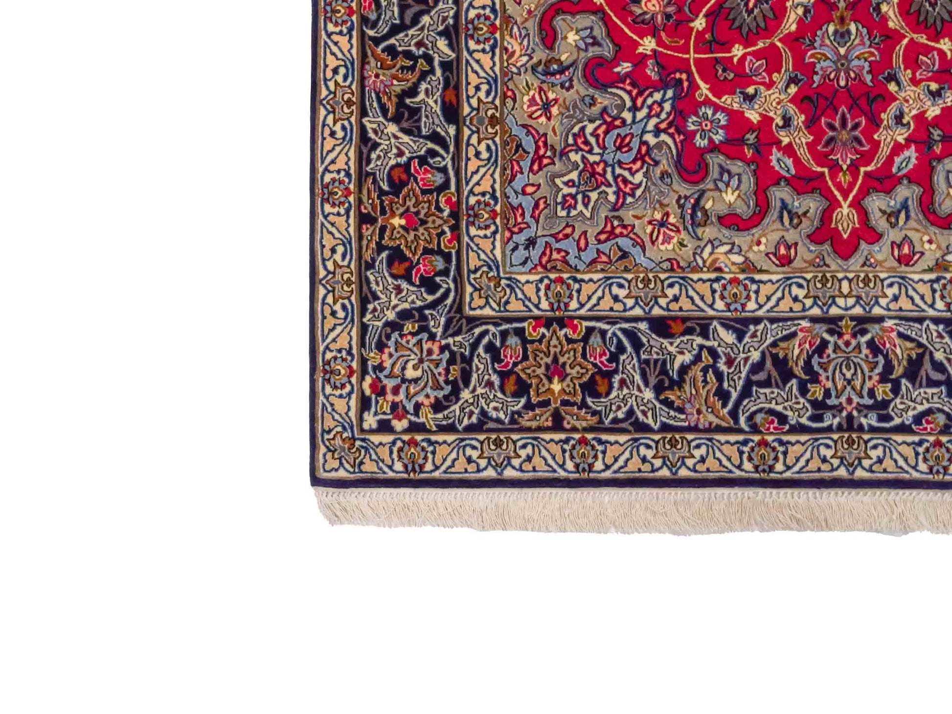 Handgeknüpfter Isfahan Perserteppich von Khademi aus Wolle mit Seide, rot, navy. Feiner, persischer Teppich mit Medaillon. Orientteppich, von Hand geknüpft in Iran. Größe: 171 x 107 cm. Teppichnummer: DB3-1050. Verkauf durch Jupiter Intl.