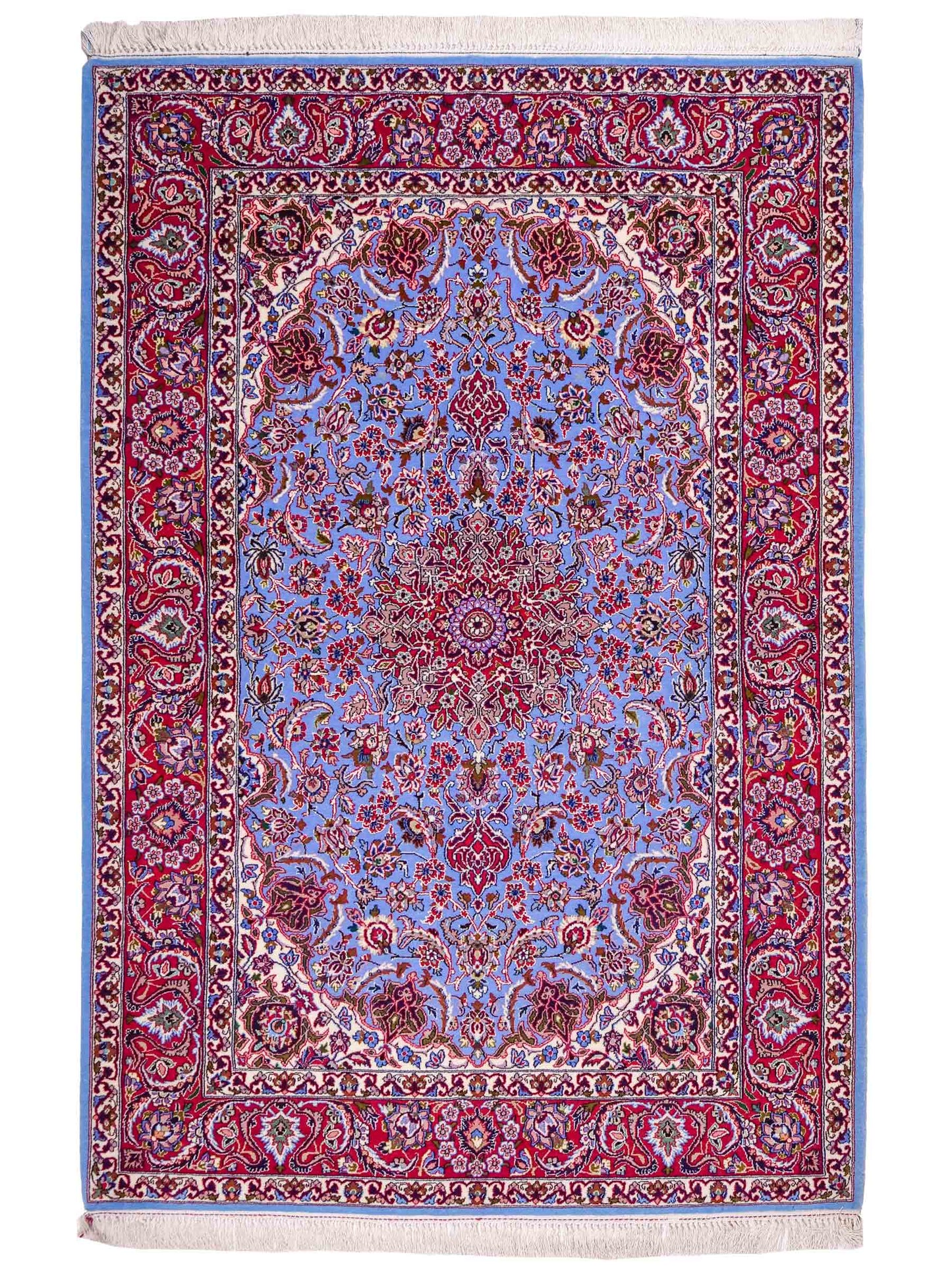 Handgeknüpfter Isfahan Perserteppich von Khademi aus Wolle mit Seide, blau, rot. Feiner, persischer Teppich mit Medaillon. Orientteppich, von Hand geknüpft in Iran. Größe: 171 x 113 cm. Teppichnummer: DB3-1051. Verkauf durch Jupiter Intl.