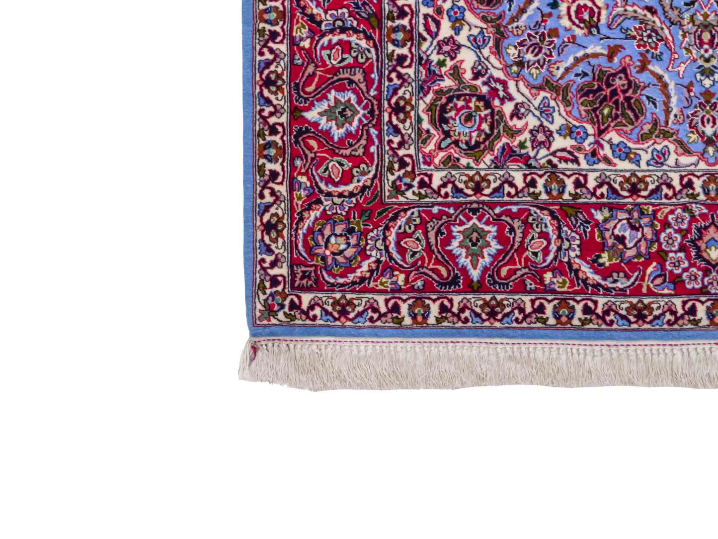 Handgeknüpfter Isfahan Perserteppich von Khademi aus Wolle mit Seide, blau, rot. Feiner, persischer Teppich mit Medaillon. Orientteppich, von Hand geknüpft in Iran. Größe: 171 x 113 cm. Teppichnummer: DB3-1051. Verkauf durch Jupiter Intl.