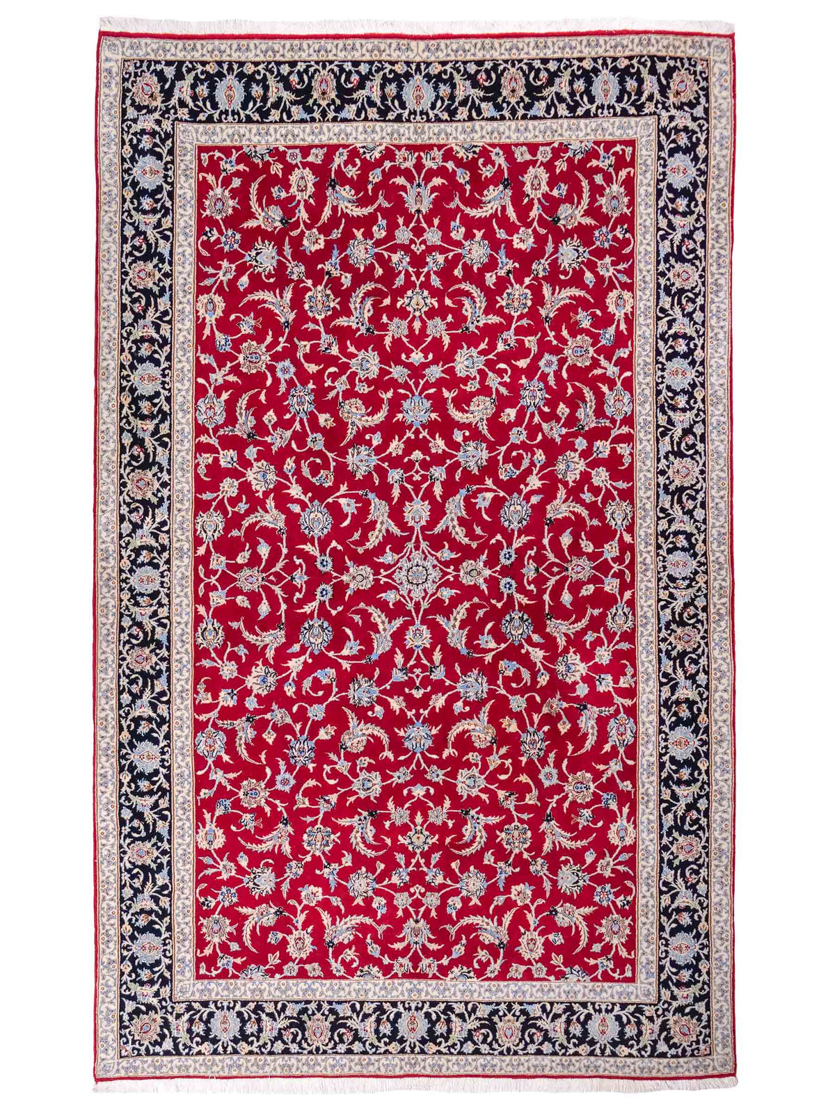 Handgeknüpfter Isfahan Perserteppich von Khademi aus Wolle mit Seide, rot-navy-blau. Feiner, persischer Teppich mit Allover-Motiv. Orientteppich, geknüpft in Iran. Größe: 235 x 145 cm. Teppichnummer: SB3-1092 | Jupiter Intl