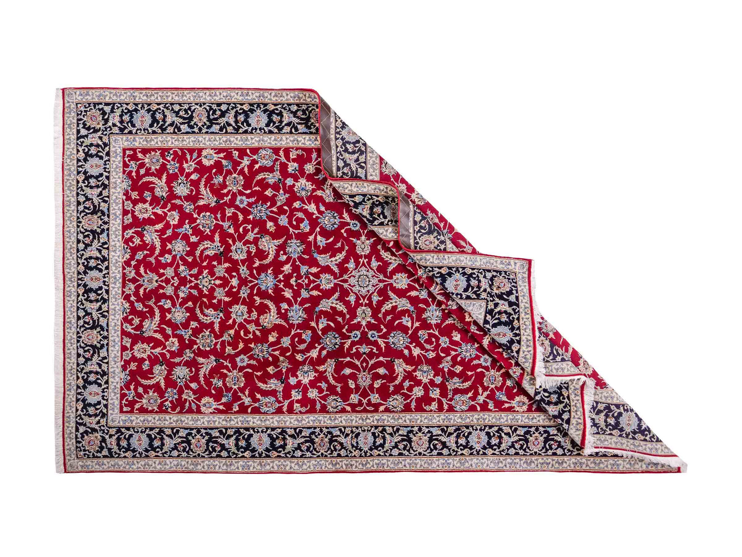 Handgeknüpfter Isfahan Perserteppich von Khademi aus Wolle mit Seide, rot-navy-blau. Feiner, persischer Teppich mit Allover-Motiv. Orientteppich, geknüpft in Iran. Größe: 235 x 145 cm. Teppichnummer: SB3-1092 | Jupiter Intl