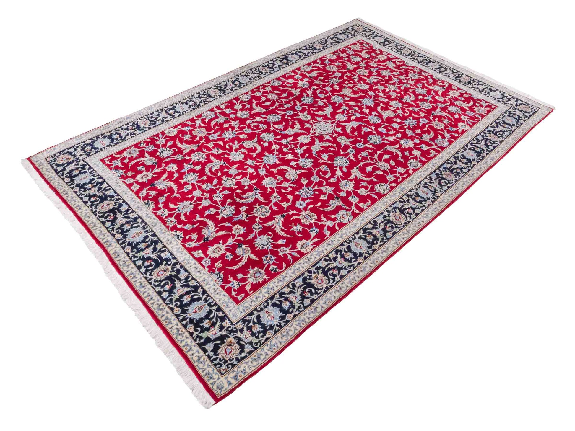 Handgeknüpfter Isfahan Perserteppich von Khademi aus Wolle mit Seide, rot-navy-blau. Feiner, persischer Teppich mit Allover-Motiv. Orientteppich, geknüpft in Iran. Größe: 235 x 145 cm. Teppichnummer: SB3-1092 | Jupiter Intl