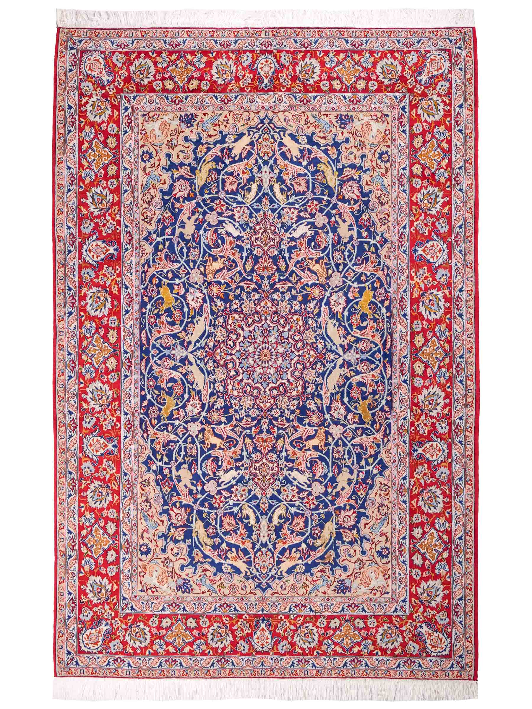 Handgeknüpfter Isfahan Perserteppich von Khademi aus Wolle mit Seide, blau-rot. Feiner, persischer Teppich mit Medaillon. Orientteppich, geknüpft in Iran. Größe: 236 x 152 cm. Teppichnummer: SB3-1082 | Jupiter In