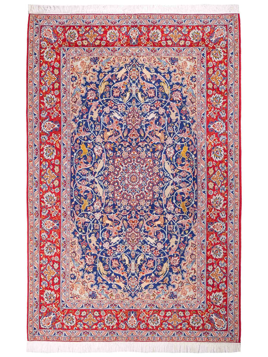 Handgeknüpfter Isfahan Perserteppich von Khademi aus Wolle mit Seide, blau-rot. Feiner, persischer Teppich mit Medaillon. Orientteppich, geknüpft in Iran. Größe: 236 x 152 cm. Teppichnummer: SB3-1082 | Jupiter In