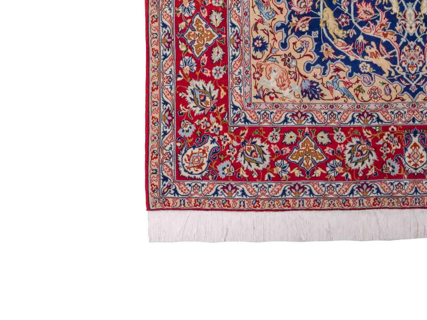 Handgeknüpfter Isfahan Perserteppich von Khademi aus Wolle mit Seide, blau-rot. Feiner, persischer Teppich mit Medaillon. Orientteppich, geknüpft in Iran. Größe: 236 x 152 cm. Teppichnummer: SB3-1082 | Jupiter In