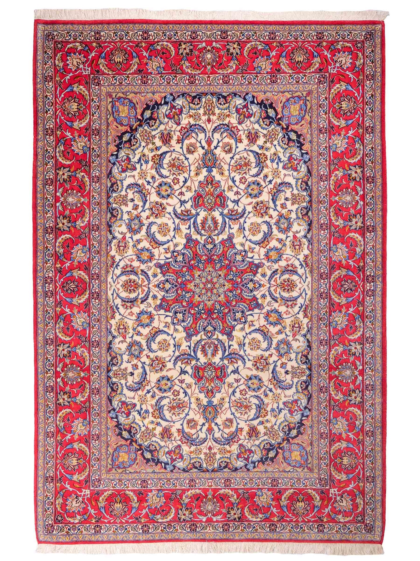 Handgeknüpfter Isfahan Perserteppich von Khademi aus Wolle mit Seide, cremeweiß-rot. Feiner, persischer Teppich mit Medaillon. Orientteppich, geknüpft in Iran. Größe: 237 x 160 cm. Teppichnummer: SB3-1085 | Jupiter In