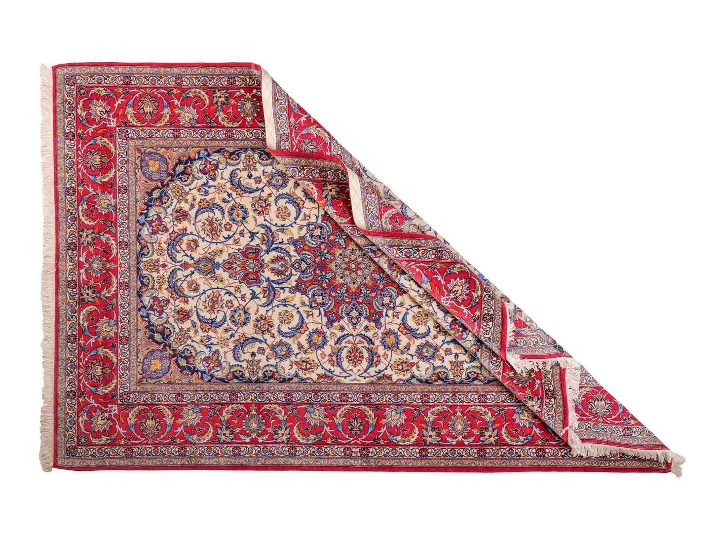 Handgeknüpfter Isfahan Perserteppich von Khademi aus Wolle mit Seide, cremeweiß-rot. Feiner, persischer Teppich mit Medaillon. Orientteppich, geknüpft in Iran. Größe: 237 x 160 cm. Teppichnummer: SB3-1085 | Jupiter In